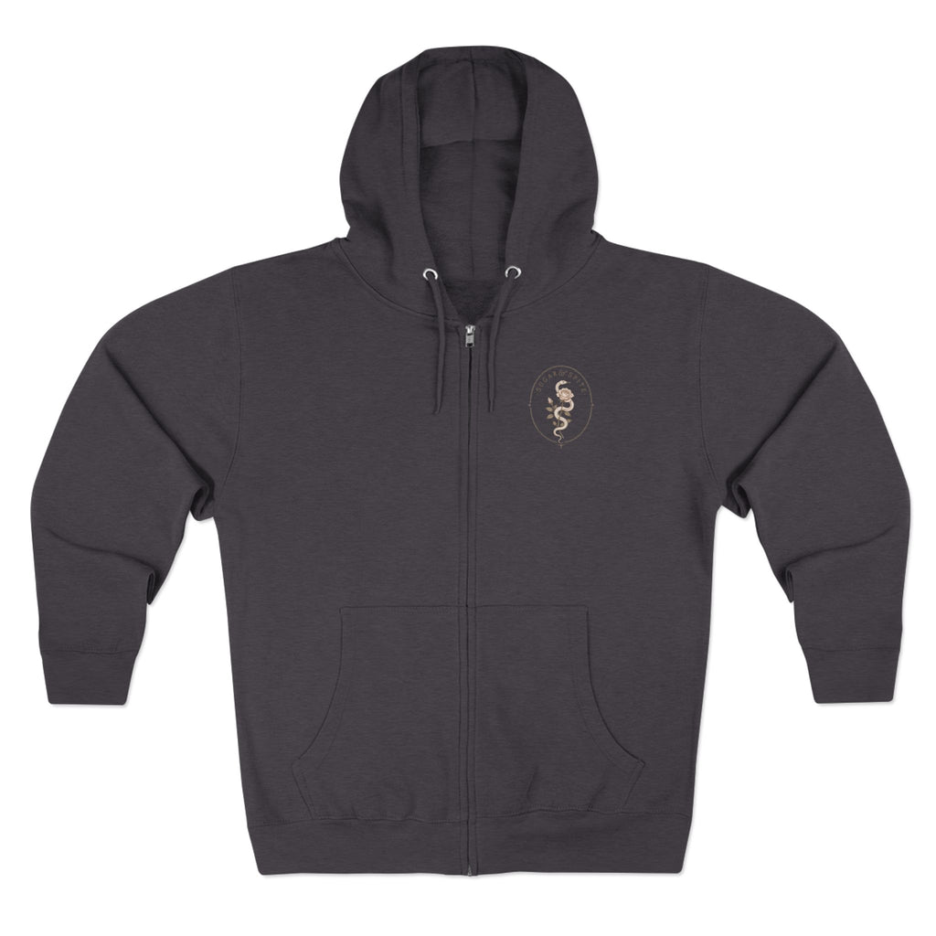 Minimal Floral Crest Zip Hoodie — Small Rose Emblem Chest Design