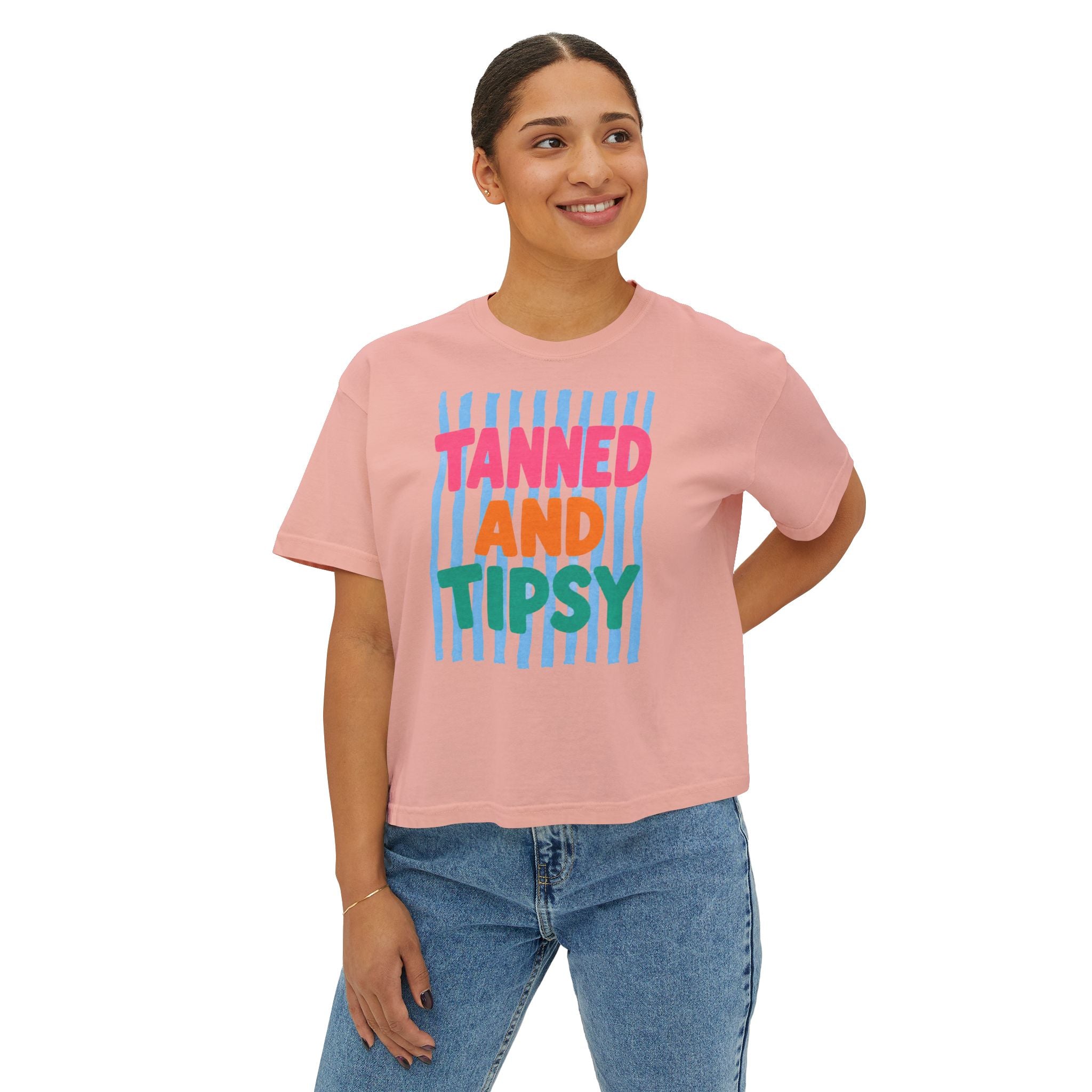 Tanned and Tipsy Boxy Tee — Fun Beach Vacation Crop Shirt