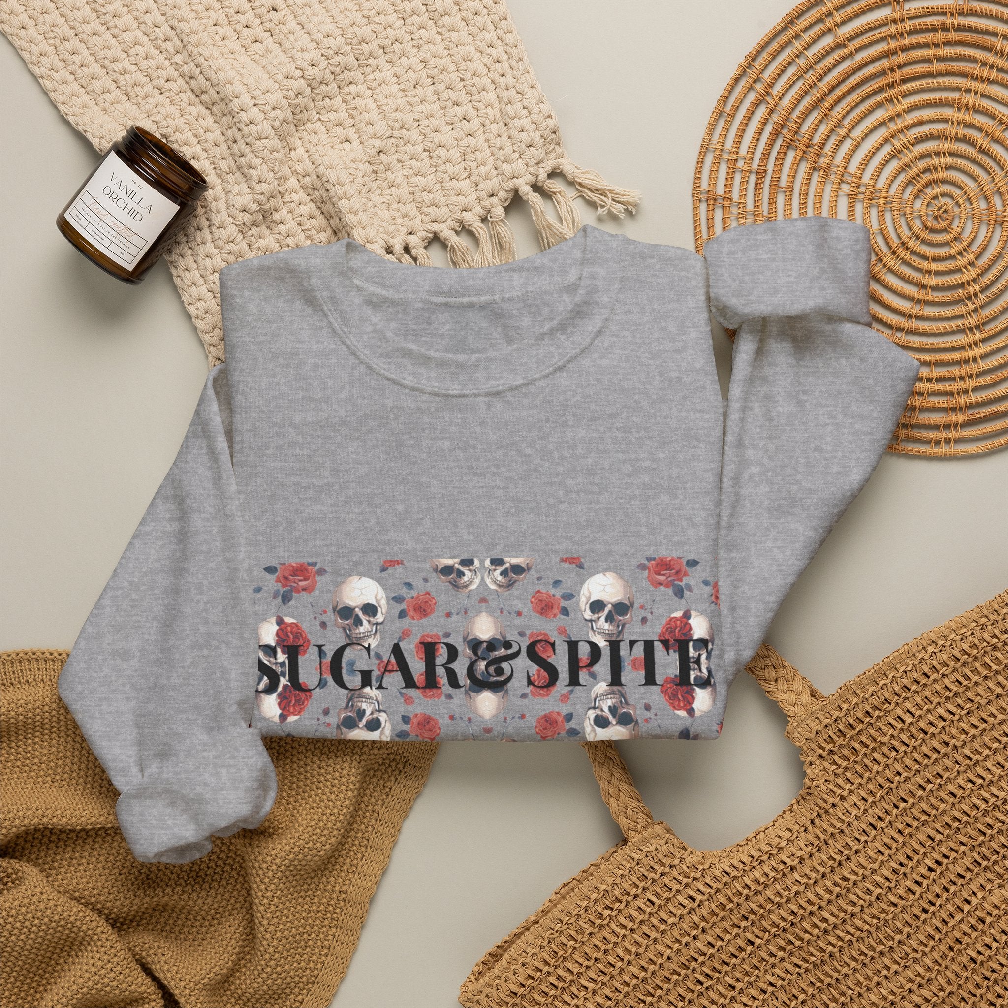 SkareSpirit Crewneck Sweatshirt — Floral Skull Gothic Graphic Sweatshirt
