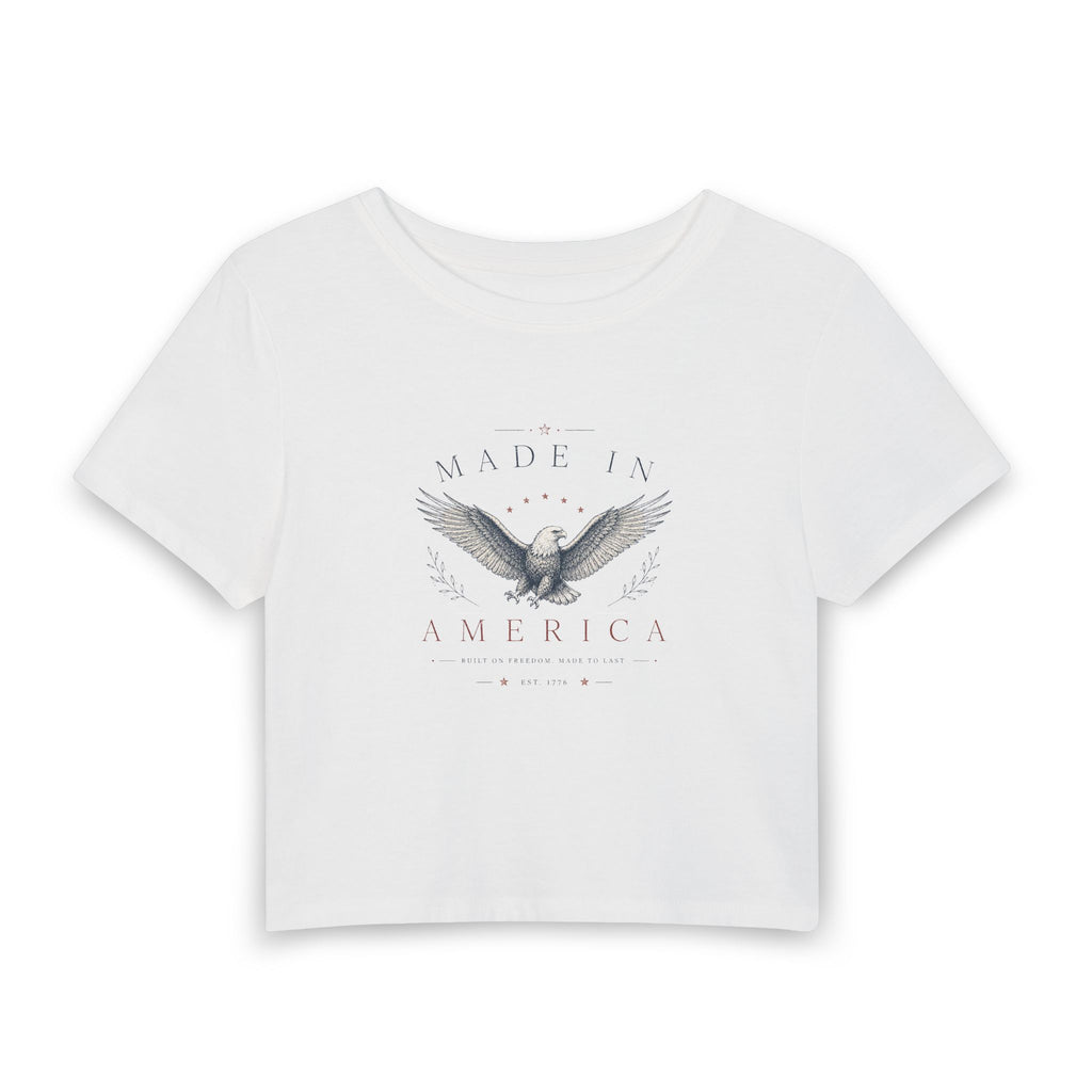 Made in America Eagle Women's Baby Tee — Patriotic Cropped Graphic Tee