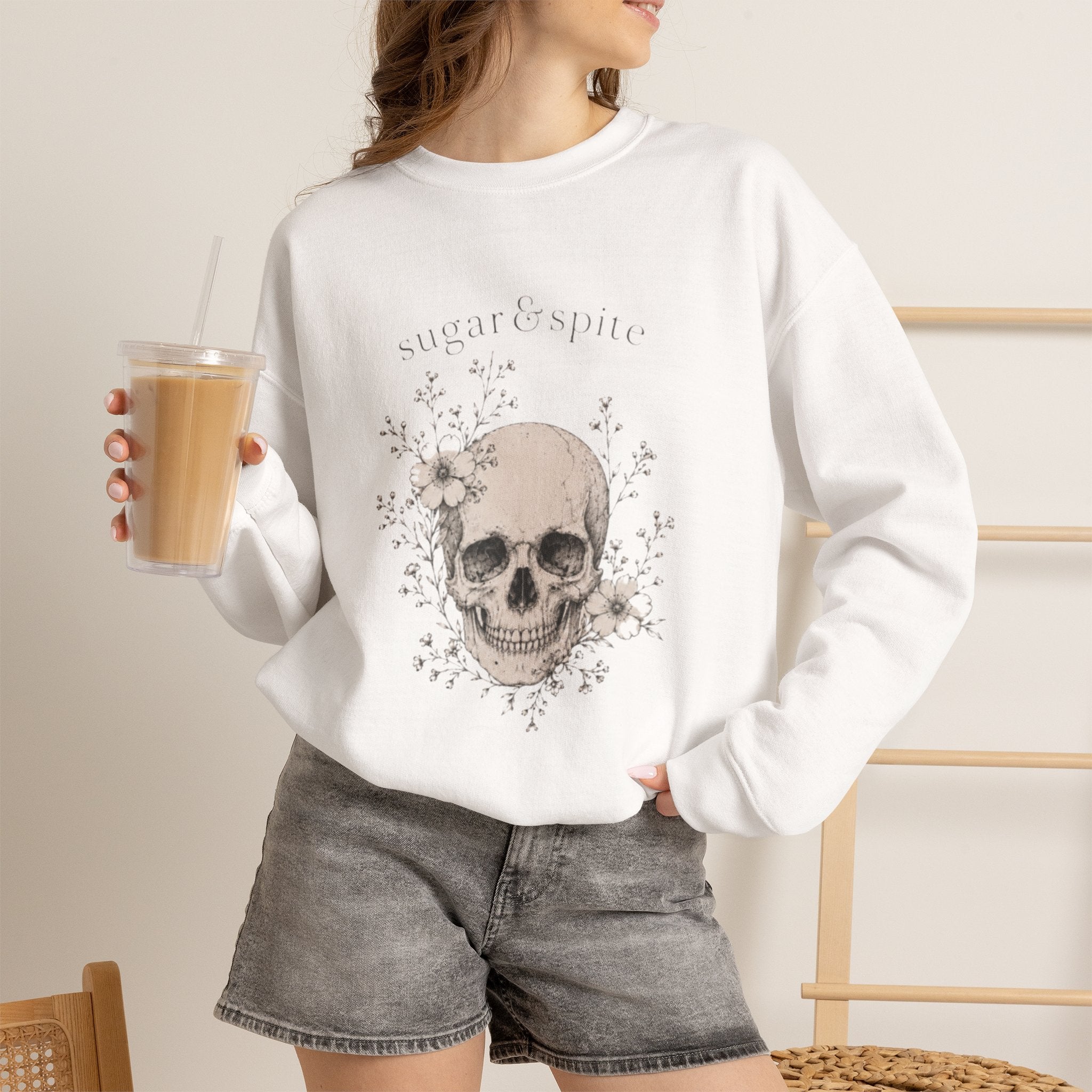 Skull Floral Crewneck Sweatshirt — 'Sugar & Spite' Vintage Gothic Pullover