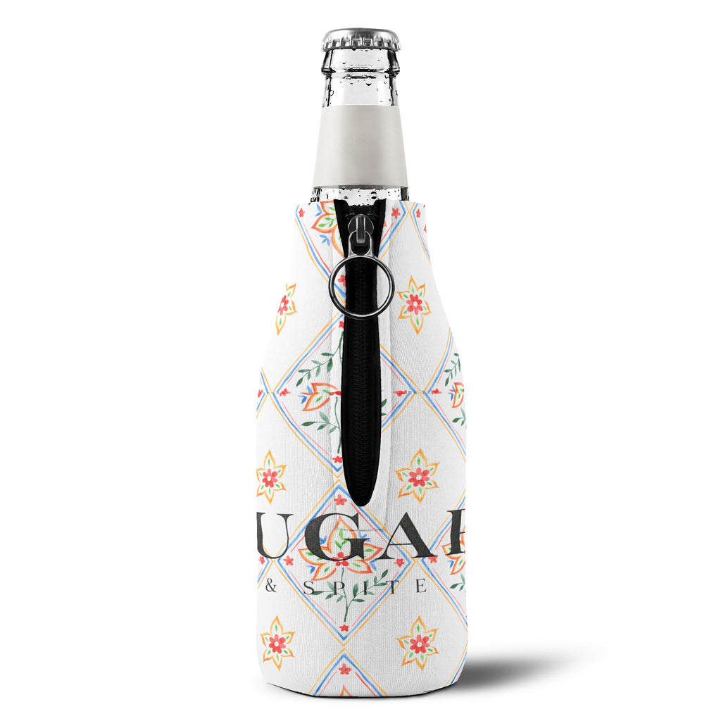 Floral Diamond Zip-Up Bottle Cooler Sleeve — Insulated Can & Bottle Koozie with 'SUGAR' Design