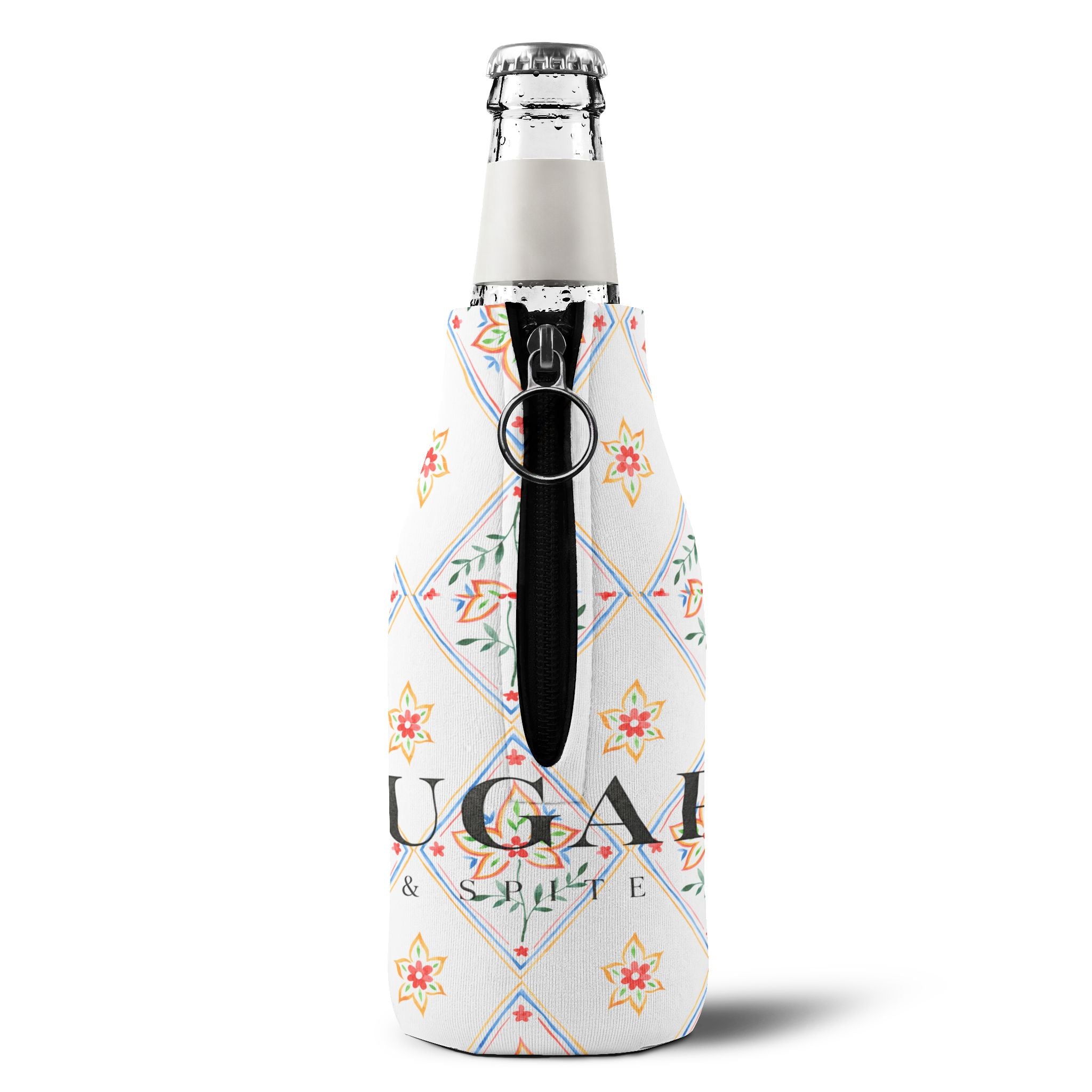 Floral Diamond Zip-Up Bottle Cooler Sleeve — Insulated Can & Bottle Koozie with 'SUGAR' Design