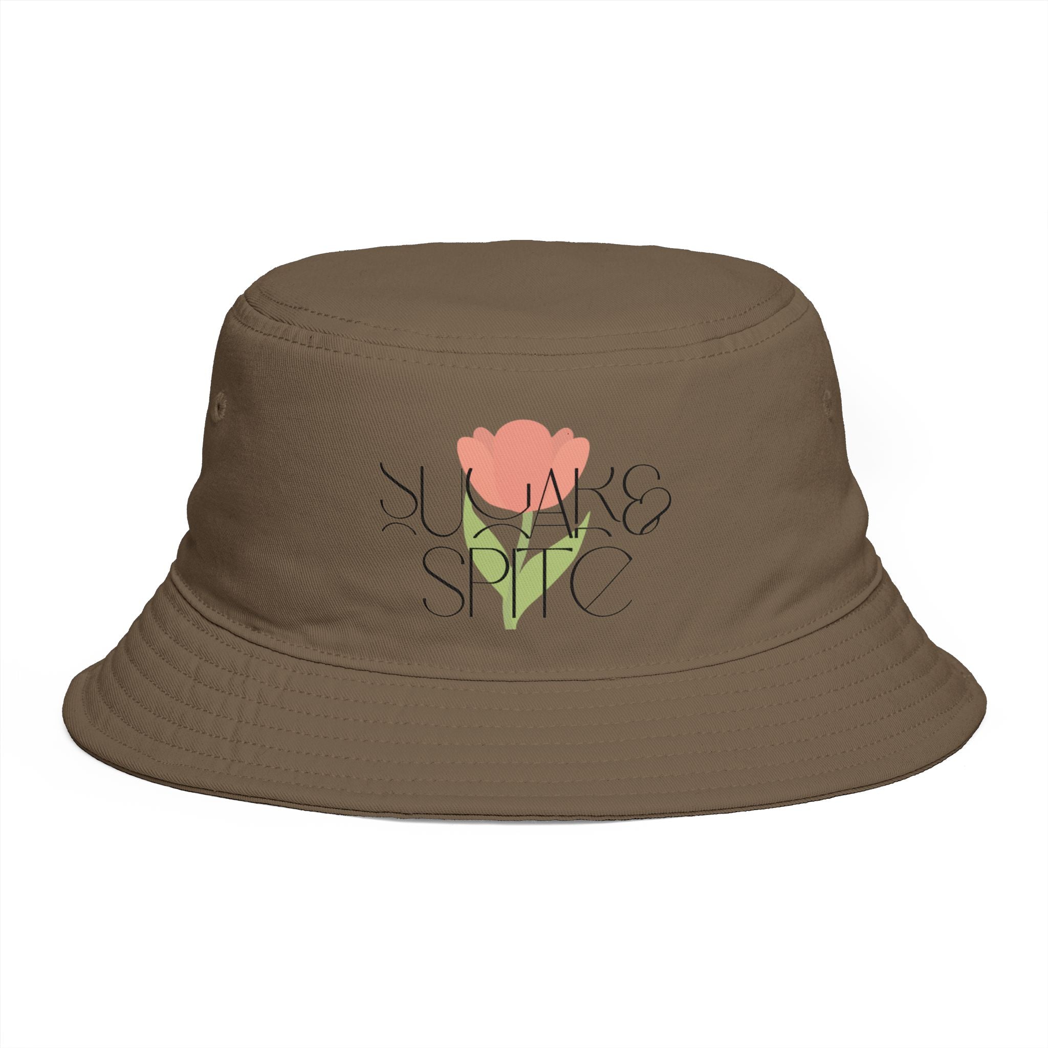 Bucket Hat — 'Sunrise Sprig' Floral Graphic Bucket Hat with Pink Bloom
