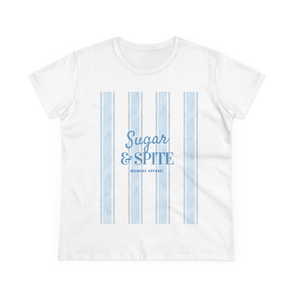 Sugar & Spite Women's Tee — Blue Stripe Graphic Cotton Shirt
