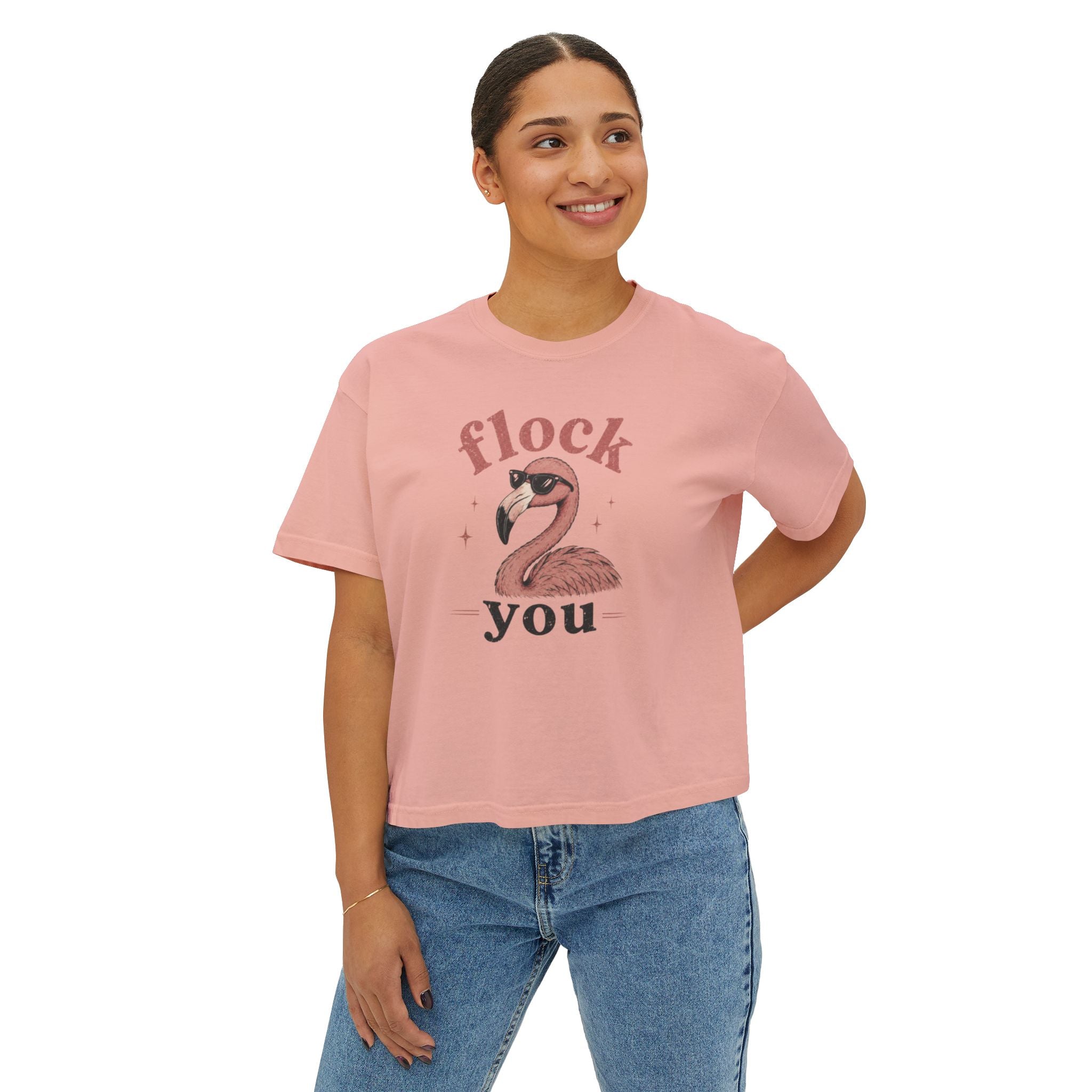 Women's Boxy Tee — 'Flock You' Funny Flamingo Graphic Shirt