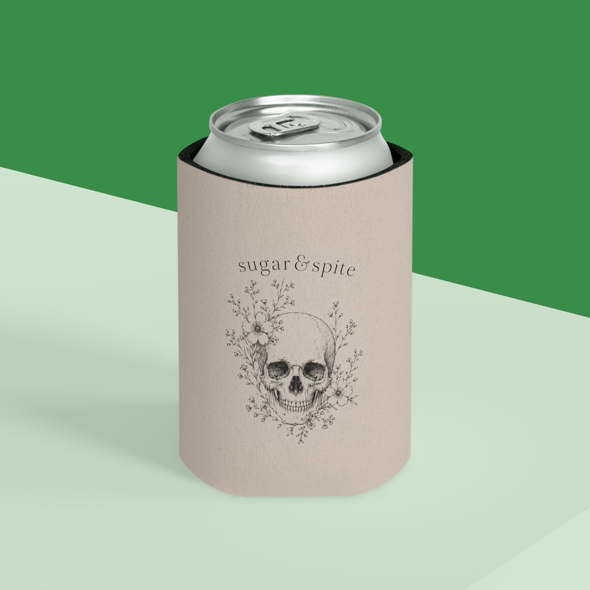 Can Cooler • 'sugar & spite' Floral Skull Drink Koozie