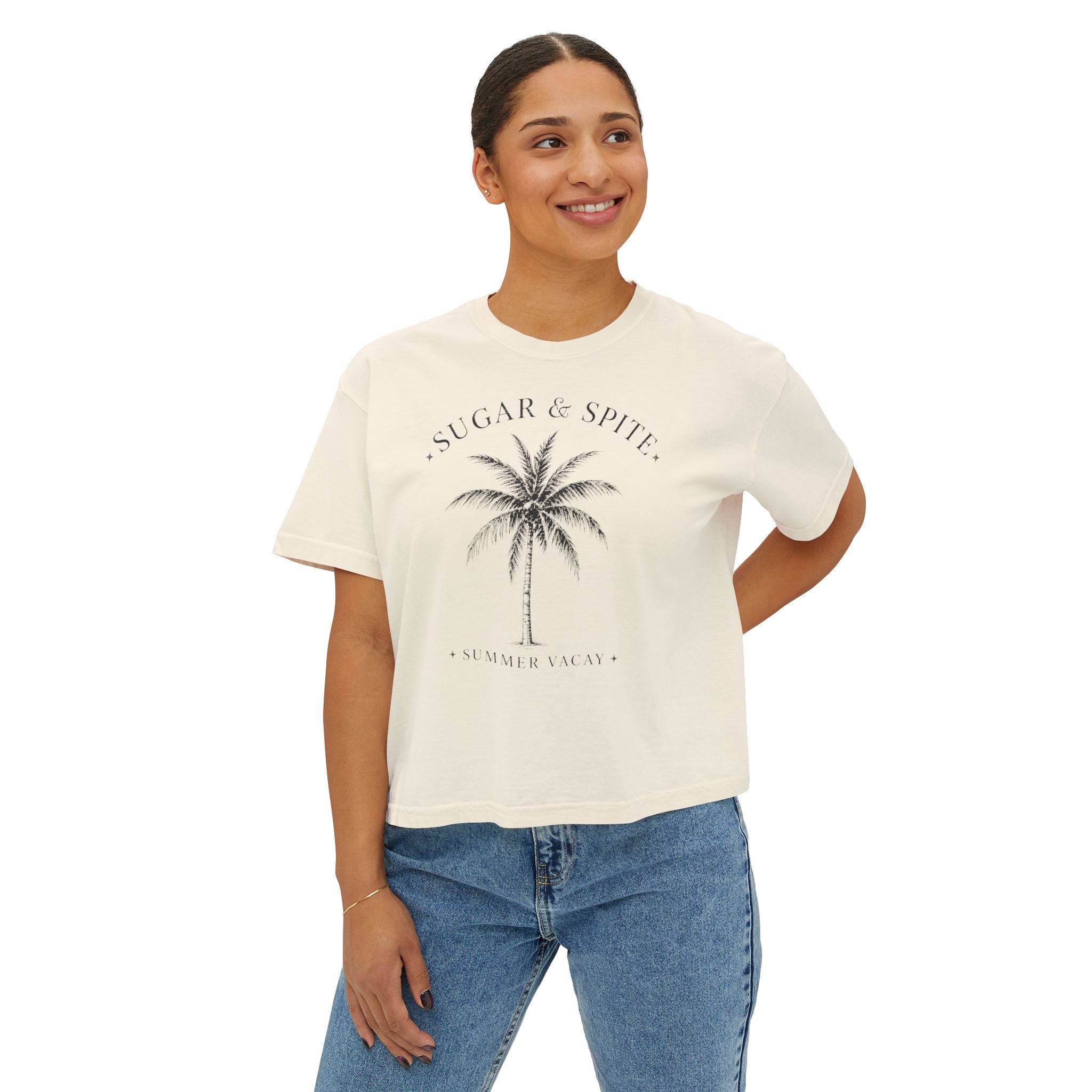 Sugar & Spice Palm Women's Boxy Tee — Summer Vacay Tropical Crop T-Shirt