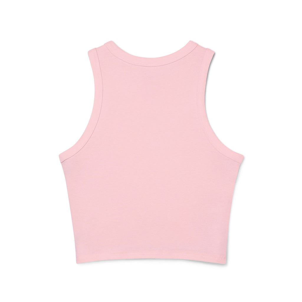 Athletic Club Micro Rib Racer Tank Top — Women's Gym Crop with Barbell Logo