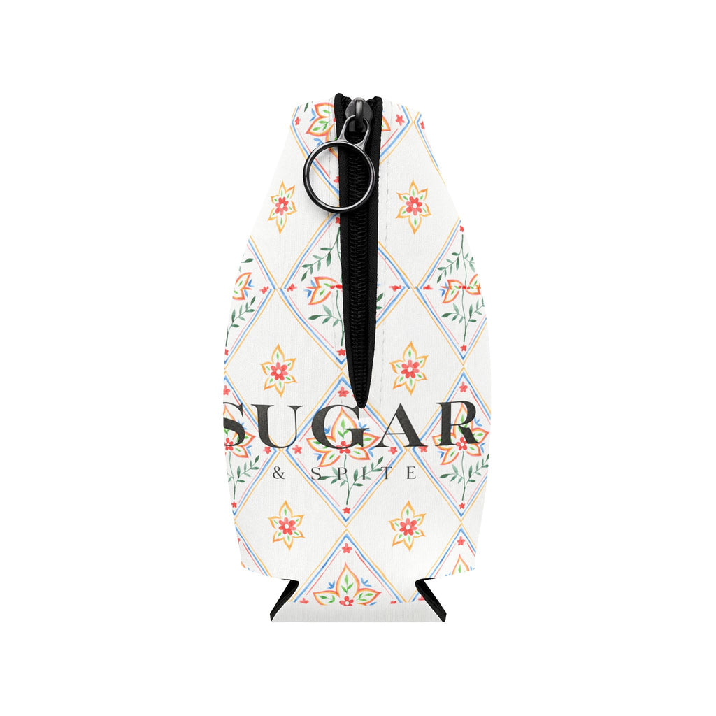 Floral Diamond Zip-Up Bottle Cooler Sleeve — Insulated Can & Bottle Koozie with 'SUGAR' Design