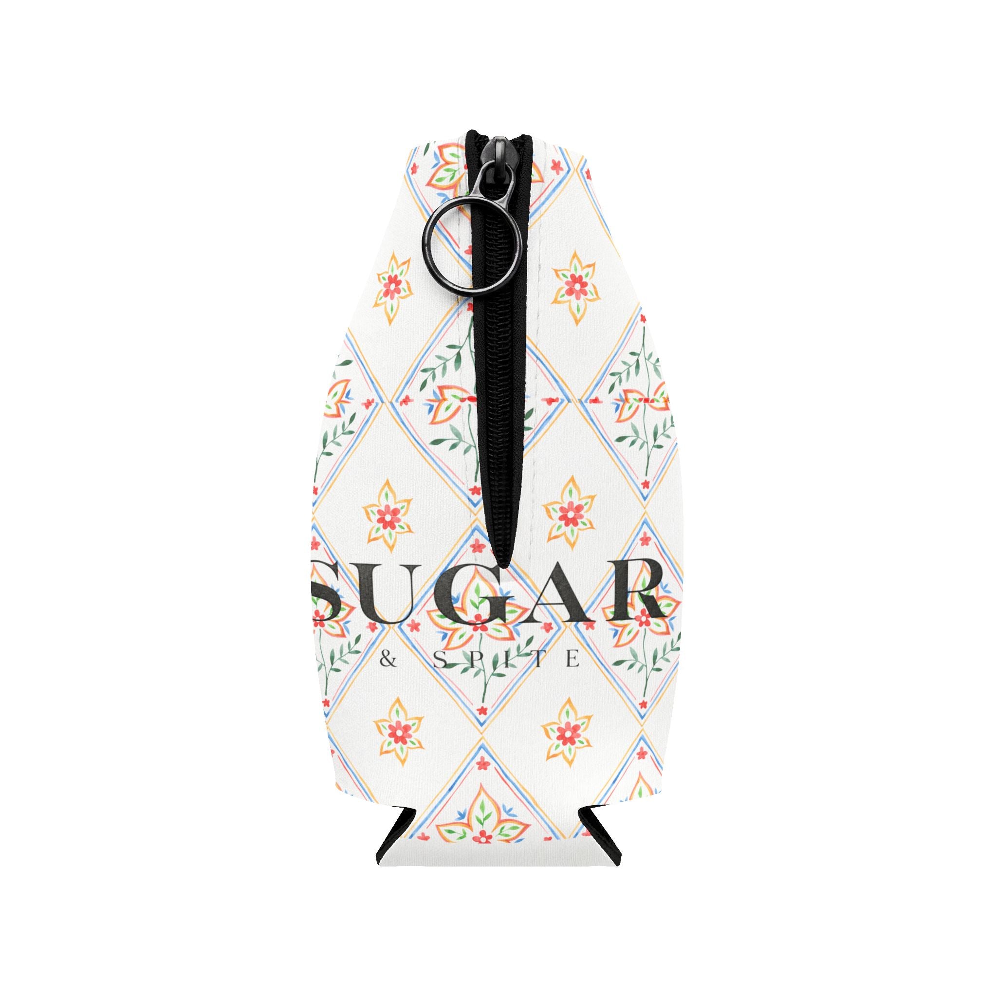 Floral Diamond Zip-Up Bottle Cooler Sleeve — Insulated Can & Bottle Koozie with 'SUGAR' Design