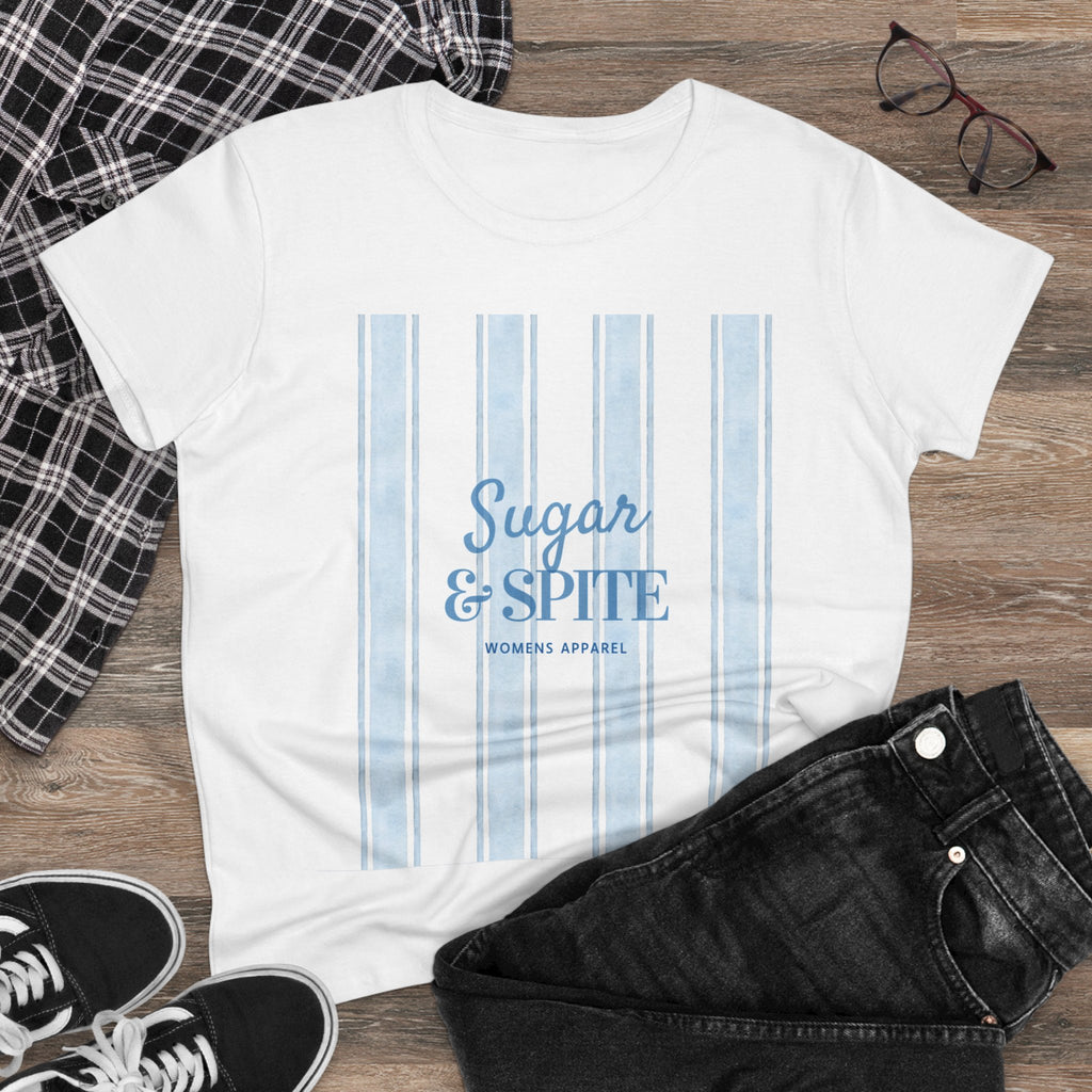 Sugar & Spite Women's Tee — Blue Stripe Graphic Cotton Shirt