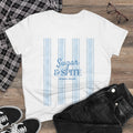 Sugar & Spite Women's Tee — Blue Stripe Graphic Cotton Shirt
