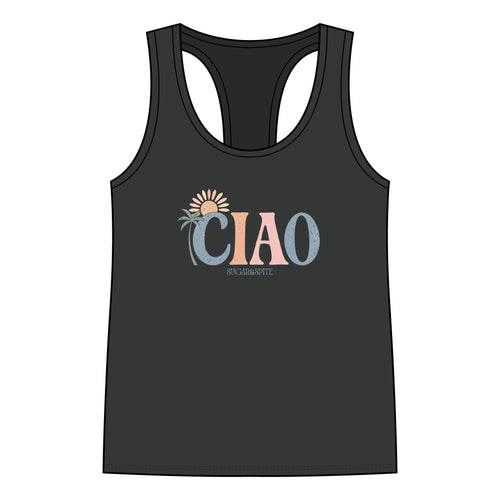 CIAO Beach Palm Women's Racerback Tank Top — Summer Vacation Graphic Tank