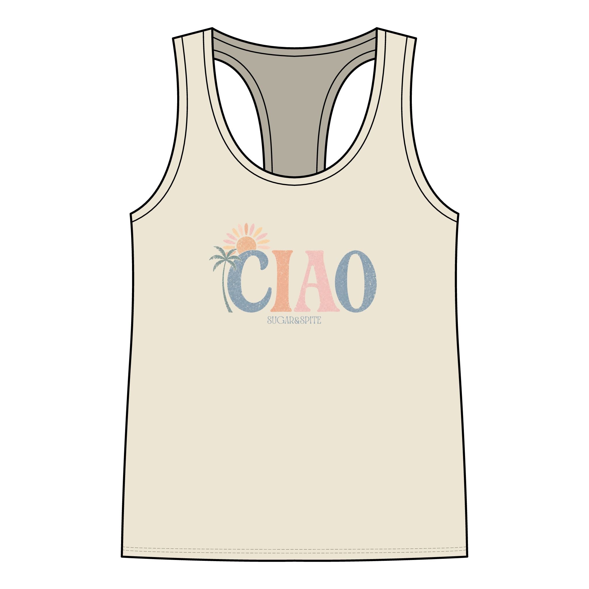 CIAO Beach Palm Women's Racerback Tank Top — Summer Vacation Graphic Tank
