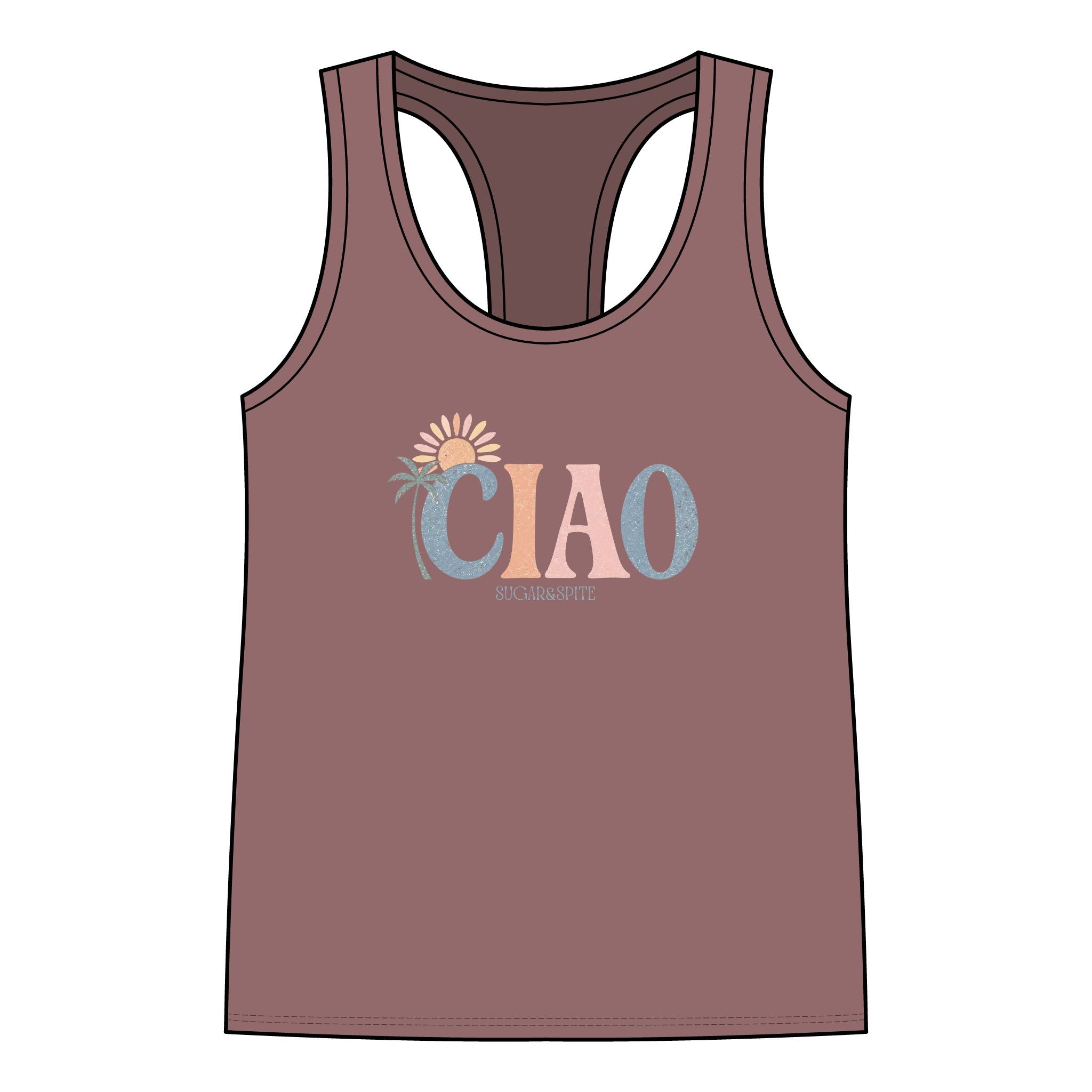 CIAO Beach Palm Women's Racerback Tank Top — Summer Vacation Graphic Tank