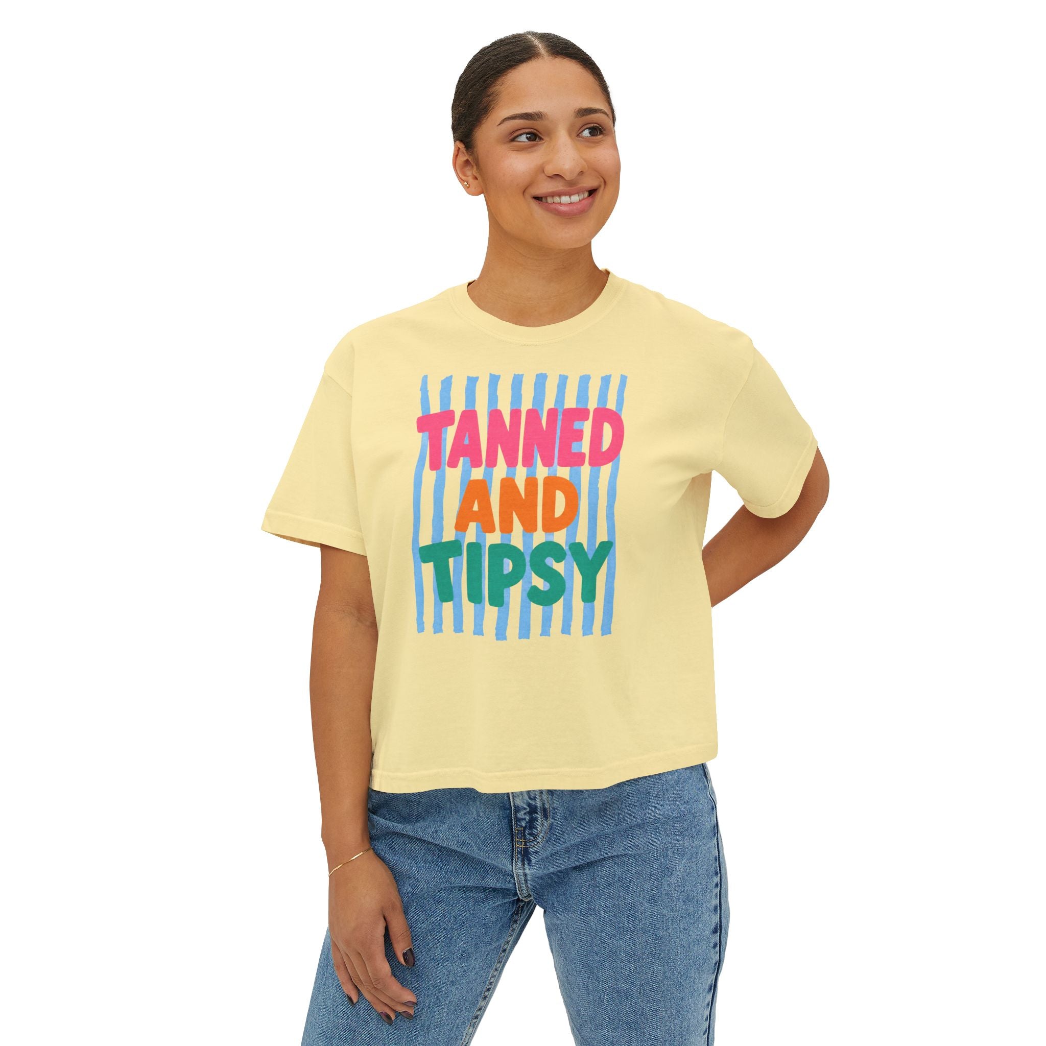 Tanned and Tipsy Boxy Tee — Fun Beach Vacation Crop Shirt