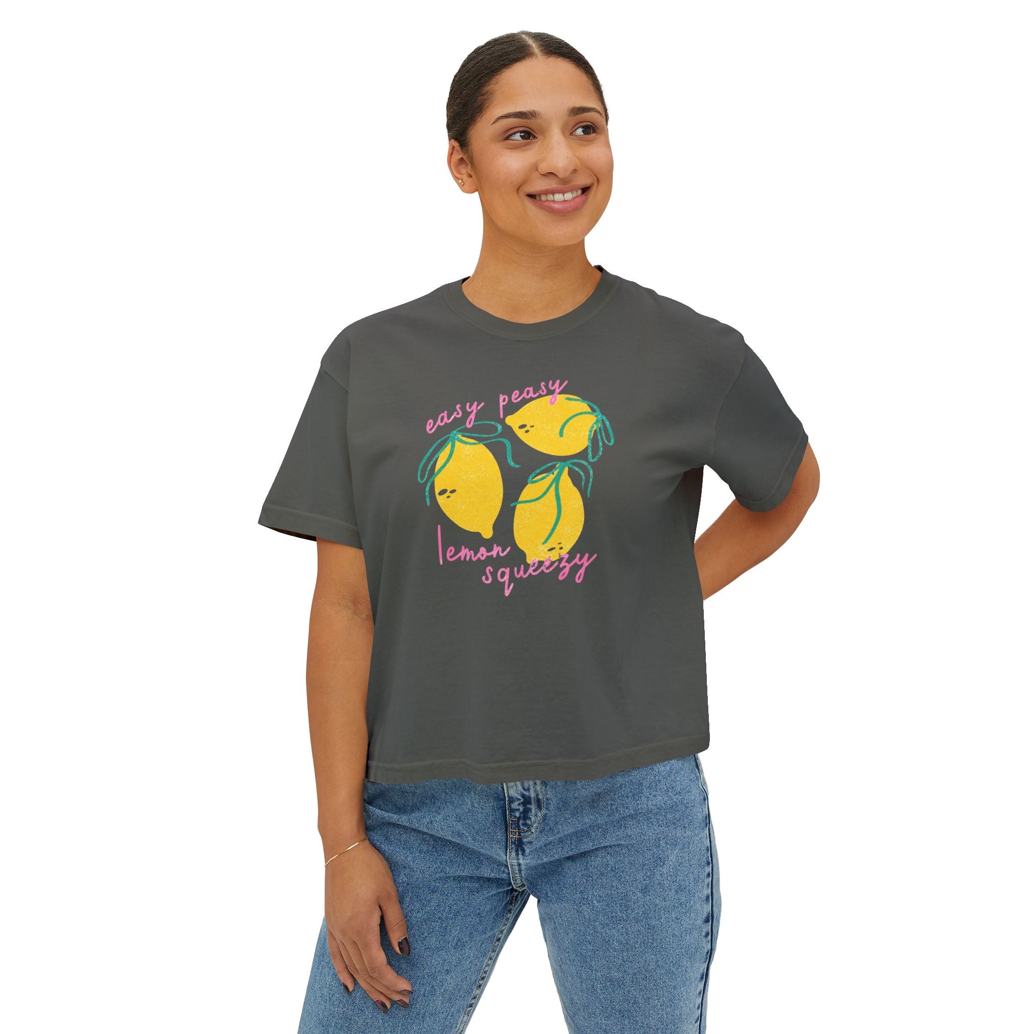 Women’s Boxy Tee — "Easy Peasy Lemon Squeezy" Lemon Graphic Crop Top