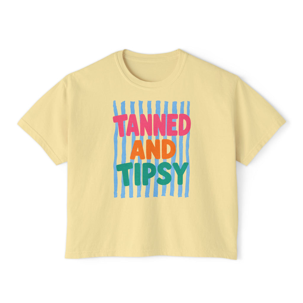 Tanned and Tipsy Boxy Tee — Fun Beach Vacation Crop Shirt