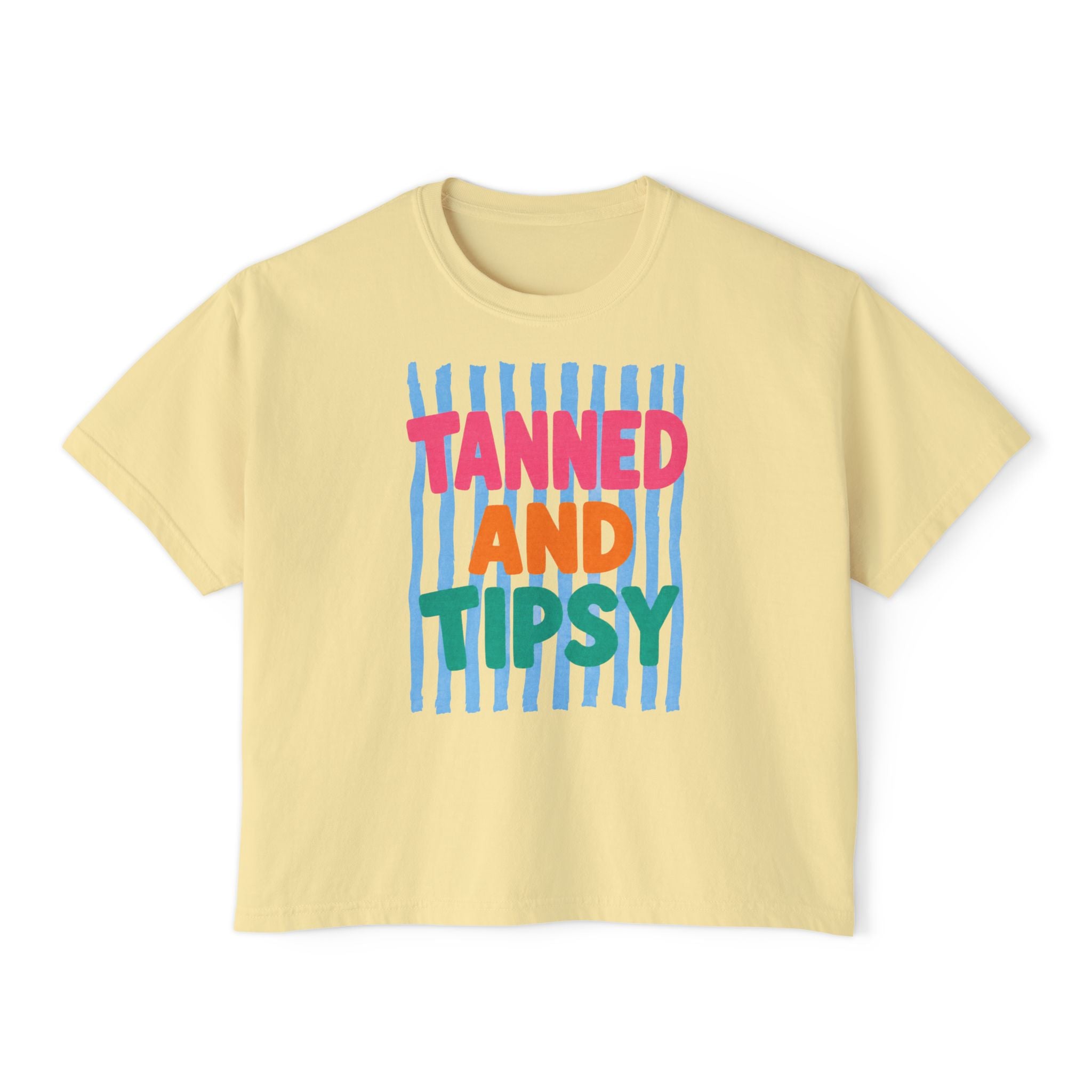 Tanned and Tipsy Boxy Tee — Fun Beach Vacation Crop Shirt