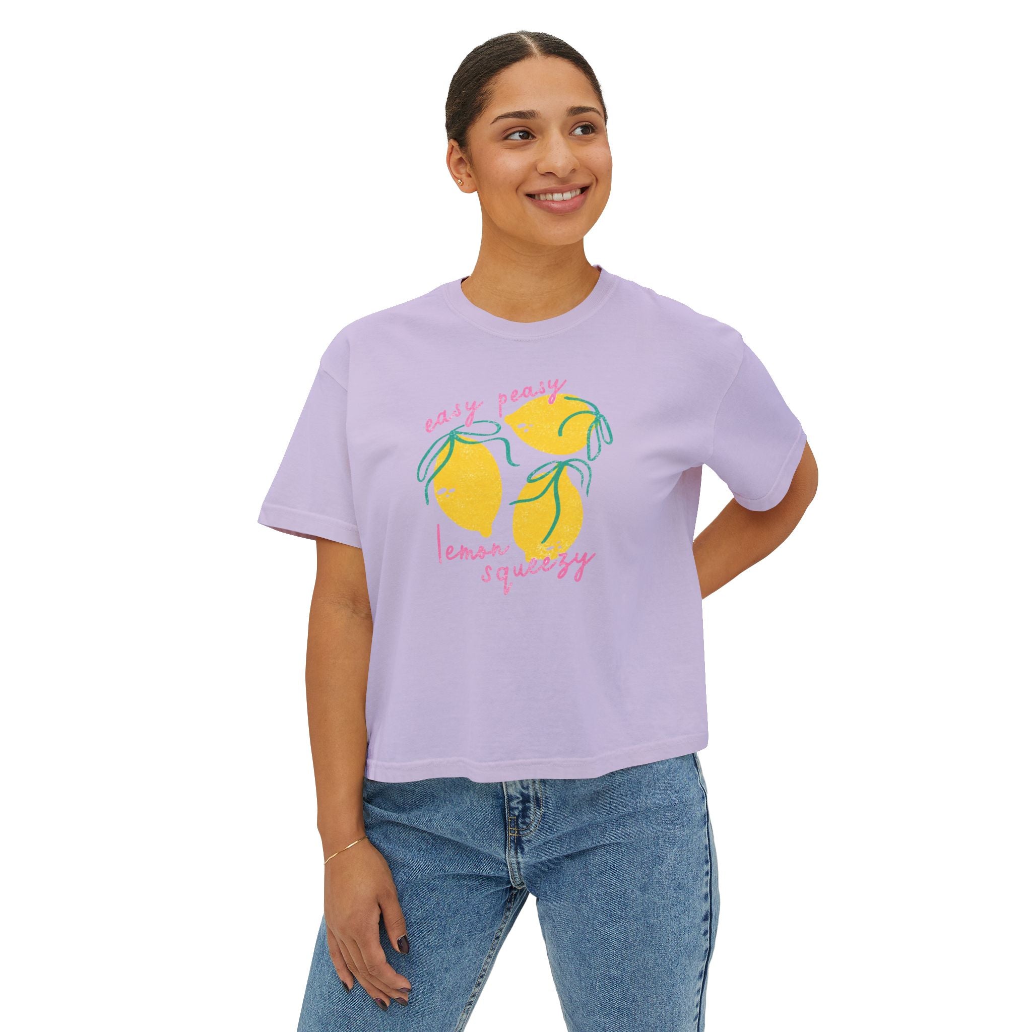Women’s Boxy Tee — "Easy Peasy Lemon Squeezy" Lemon Graphic Crop Top