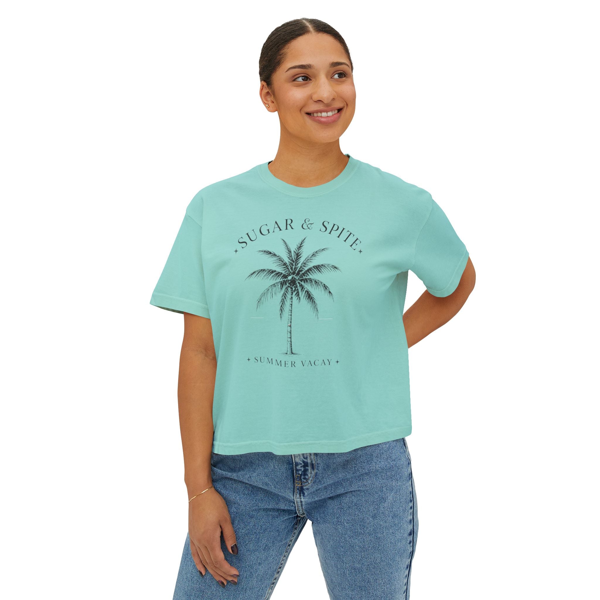 Sugar & Spice Palm Women's Boxy Tee — Summer Vacay Tropical Crop T-Shirt