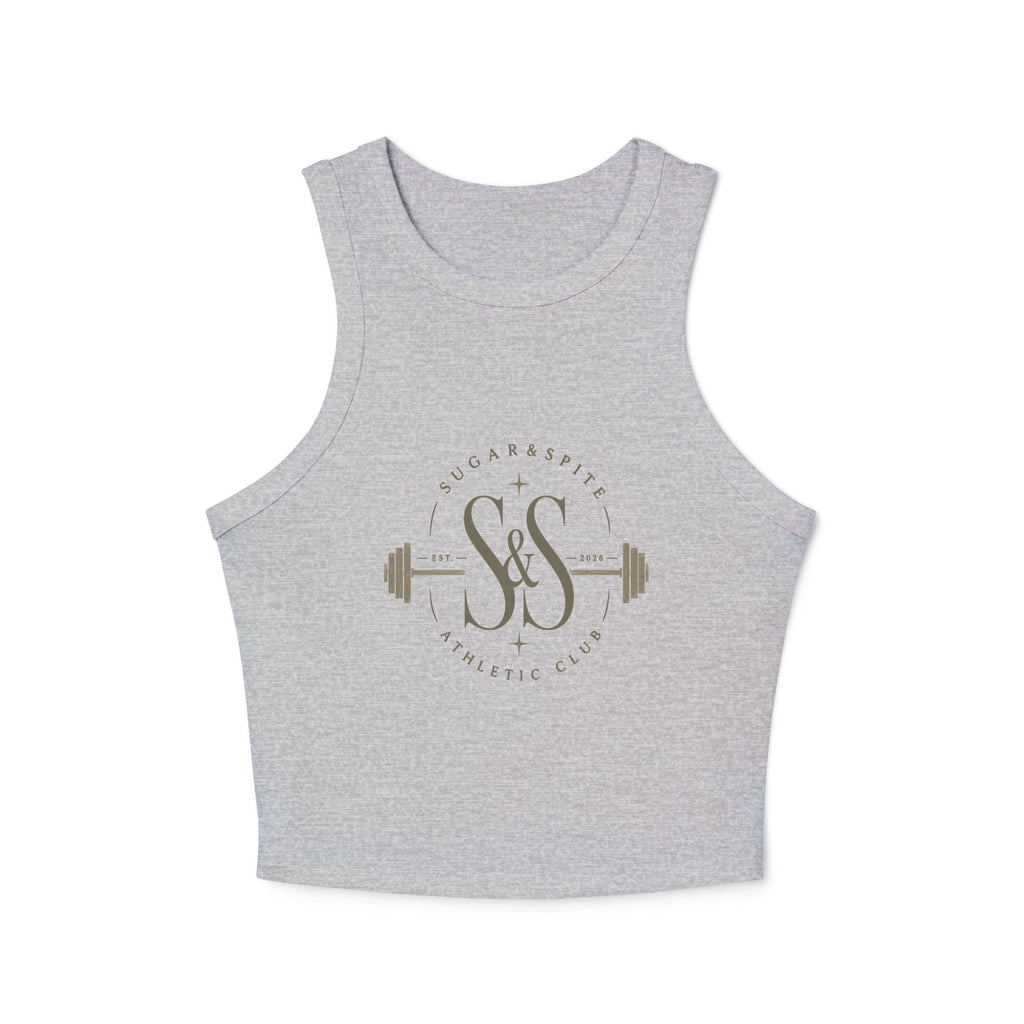 Athletic Club Micro Rib Racer Tank Top — Women's Gym Crop with Barbell Logo