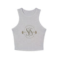 Athletic Club Micro Rib Racer Tank Top — Women's Gym Crop with Barbell Logo