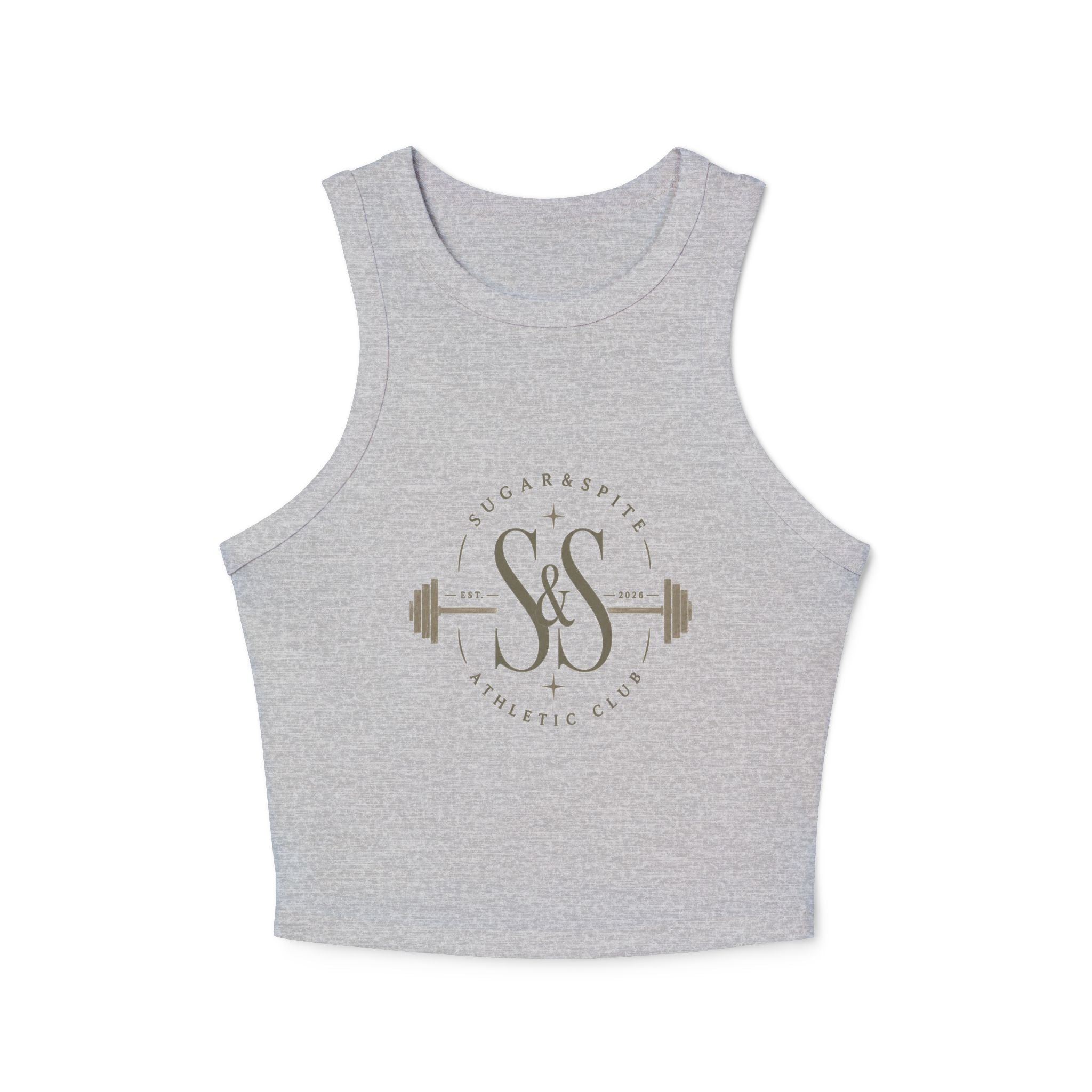Athletic Club Micro Rib Racer Tank Top — Women's Gym Crop with Barbell Logo