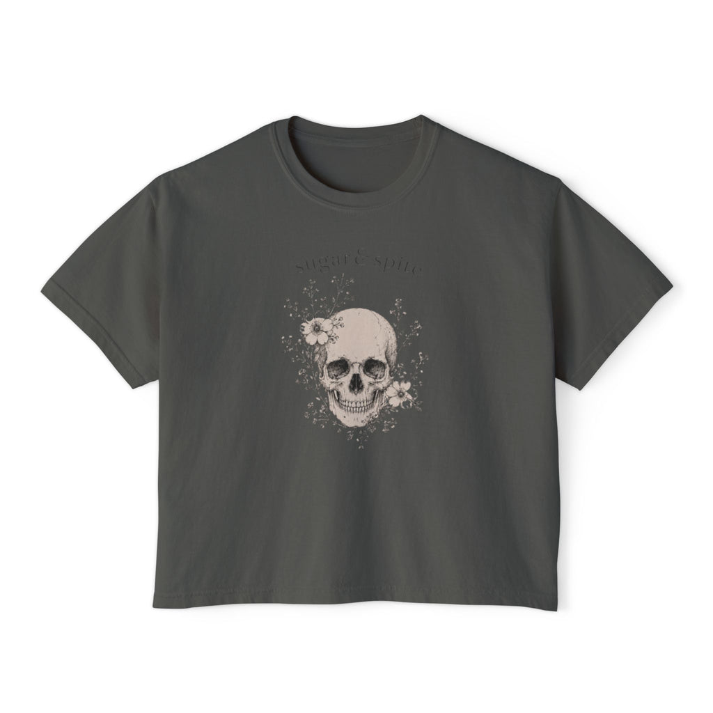 Sugar & Spice Skull Boxy Tee — Women's Casual Halloween Graphic T-Shirt