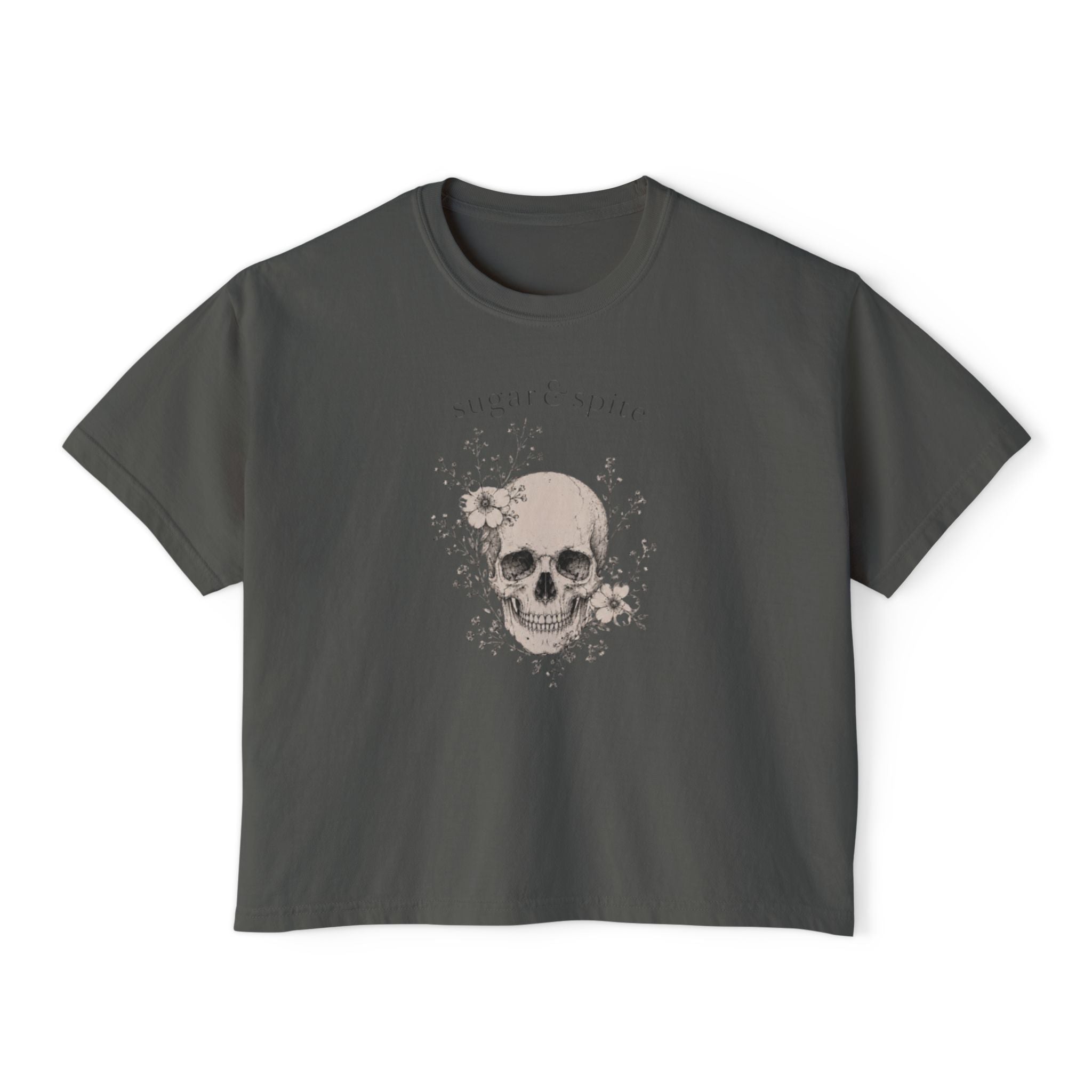 Sugar & Spice Skull Boxy Tee — Women's Casual Halloween Graphic T-Shirt