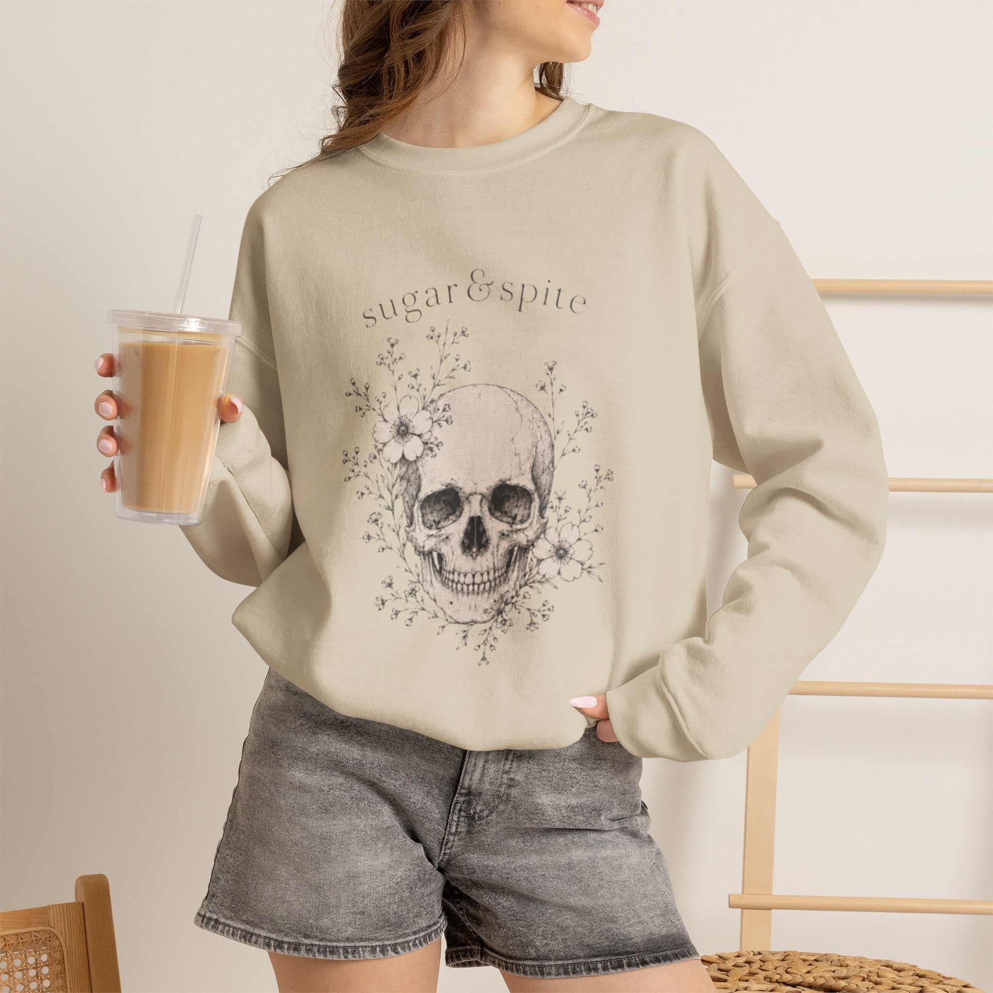 Skull Floral Crewneck Sweatshirt — 'Sugar & Spite' Vintage Gothic Pullover