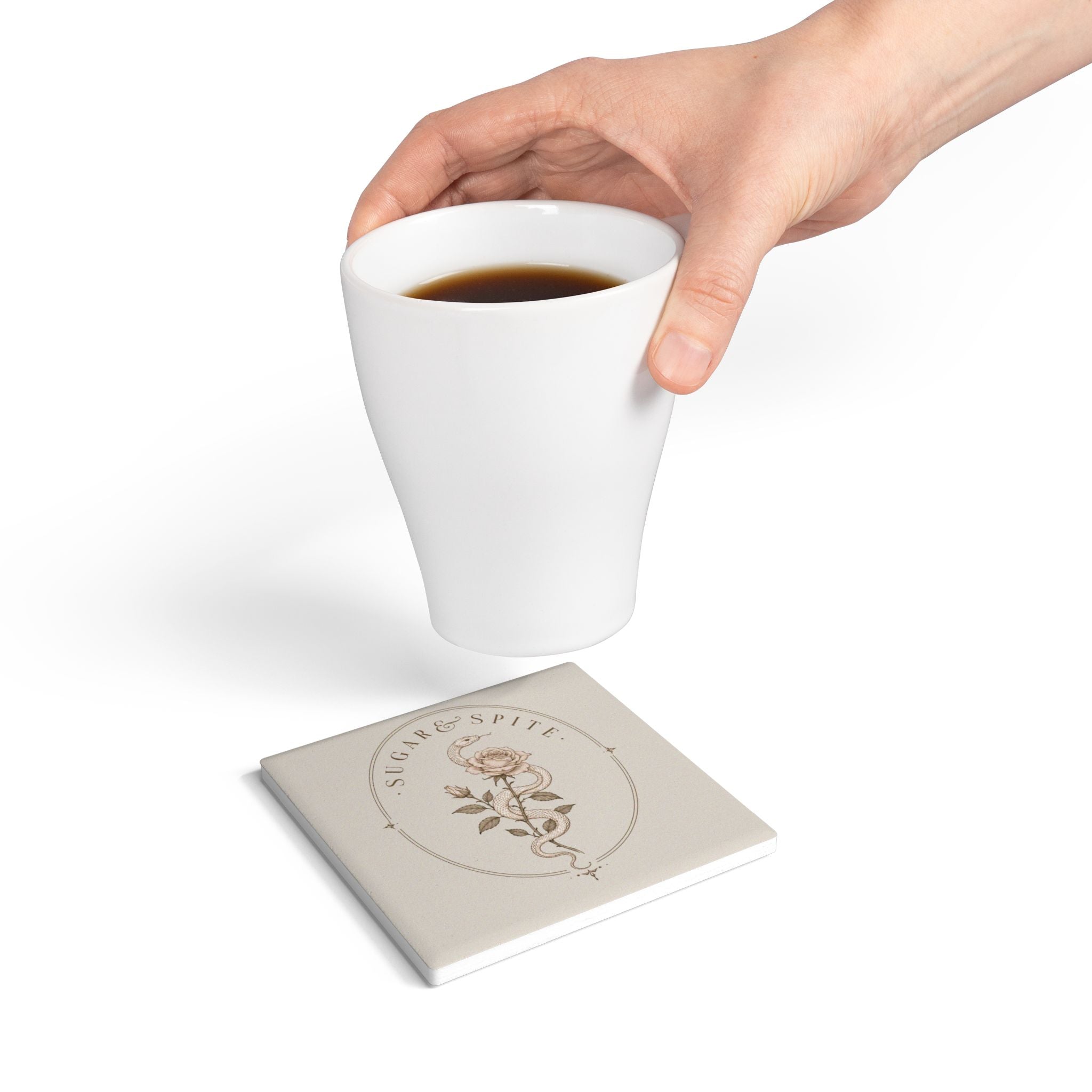 Ceramic Coaster — Vintage Snake & Rose 'Sugar & Spite' Decorative Drink Coaster