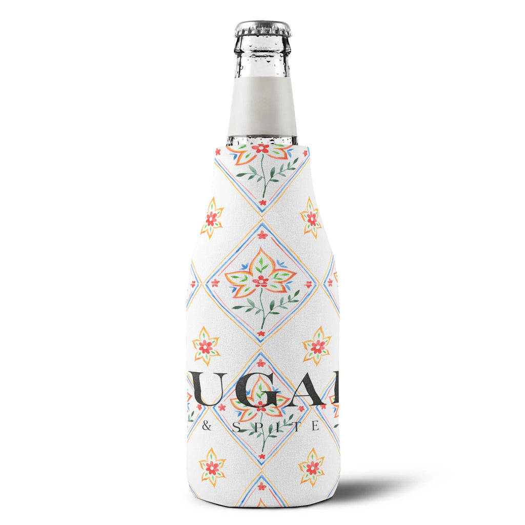 Floral Diamond Zip-Up Bottle Cooler Sleeve — Insulated Can & Bottle Koozie with 'SUGAR' Design