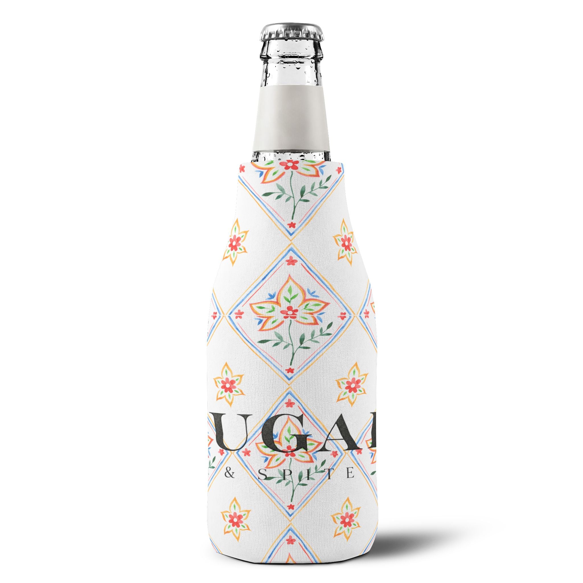 Floral Diamond Zip-Up Bottle Cooler Sleeve — Insulated Can & Bottle Koozie with 'SUGAR' Design