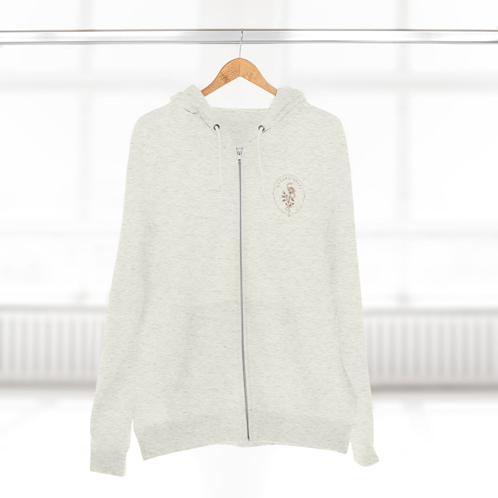 Minimal Floral Crest Zip Hoodie — Small Rose Emblem Chest Design