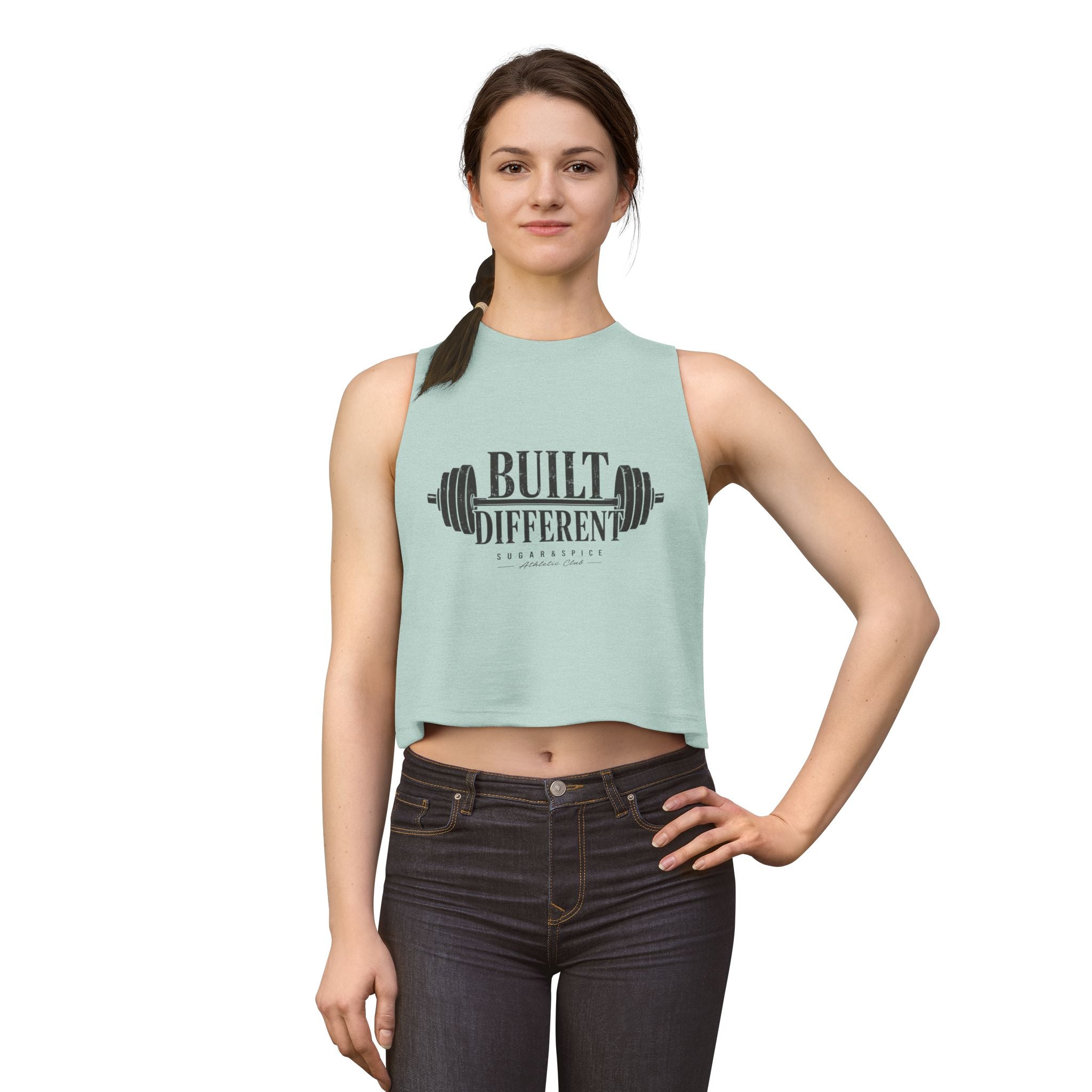 Built Different Crop Top — Women’s Fitness Tank with Barbell Graphic
