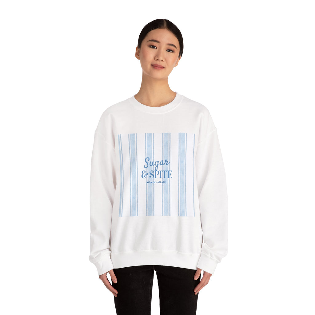 Crewneck Sweatshirt — 'Sugar & Spite' Blue Stripe Graphic