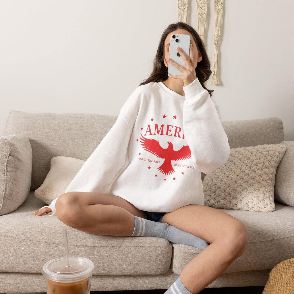 America Eagle Crewneck Sweatshirt – Patriotic Red Graphic