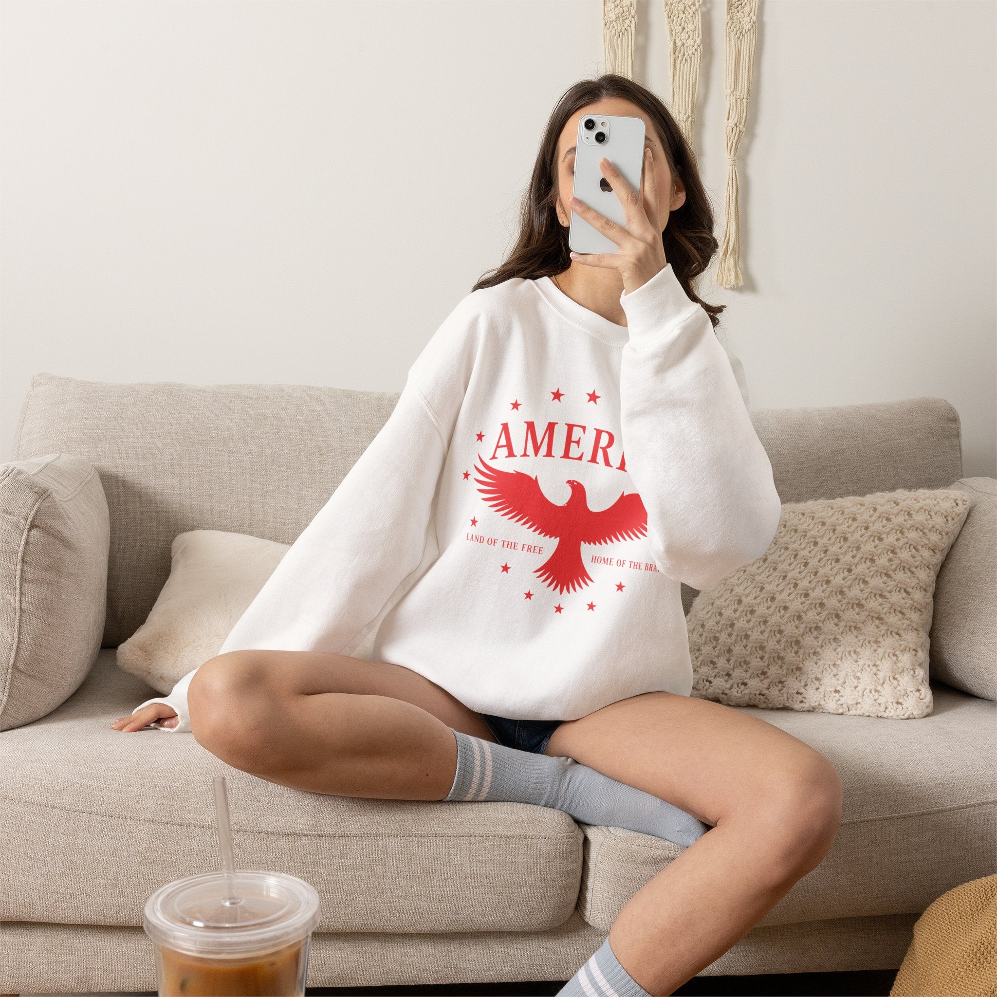 America Eagle Crewneck Sweatshirt – Patriotic Red Graphic