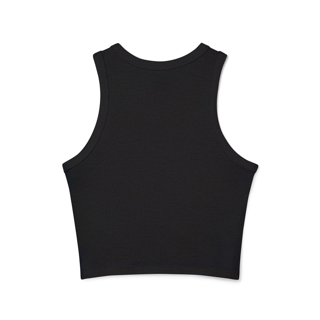 Athletic Club Micro Rib Racer Tank Top — Women's Gym Crop with Barbell Logo