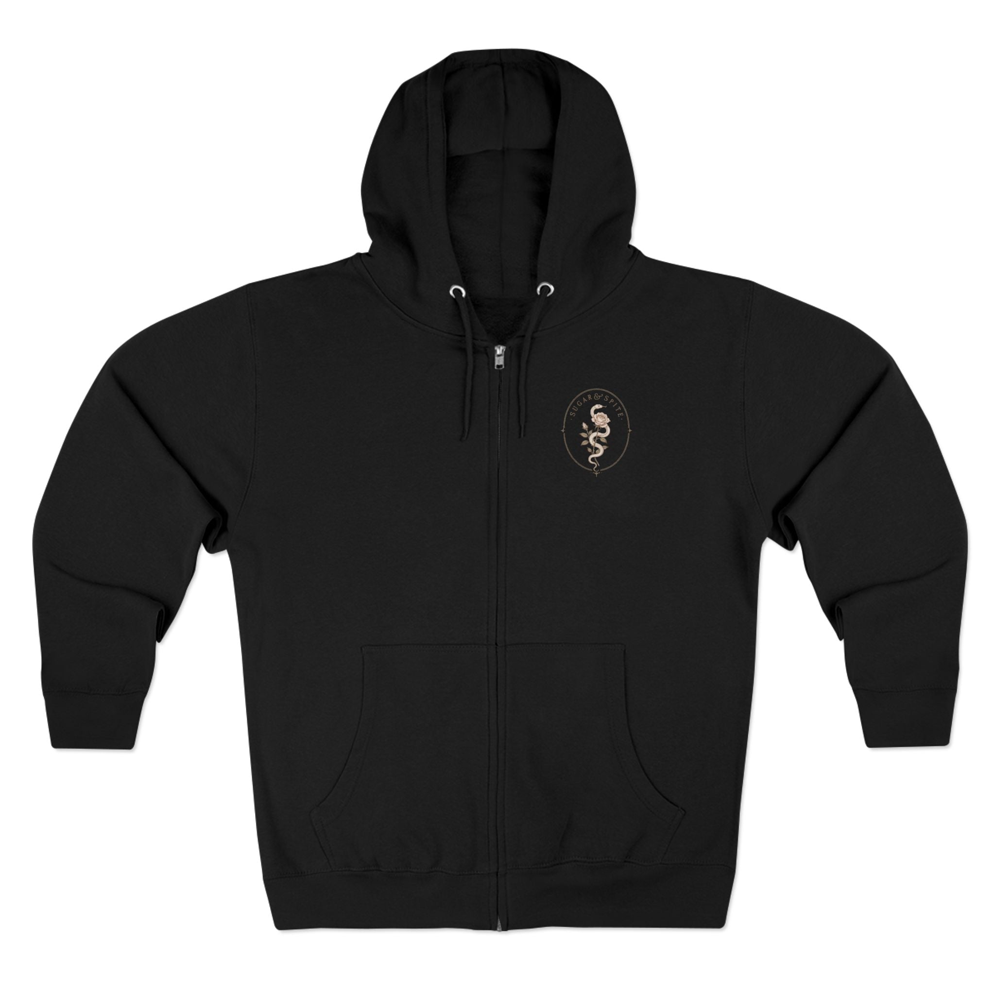 Minimal Floral Crest Zip Hoodie — Small Rose Emblem Chest Design