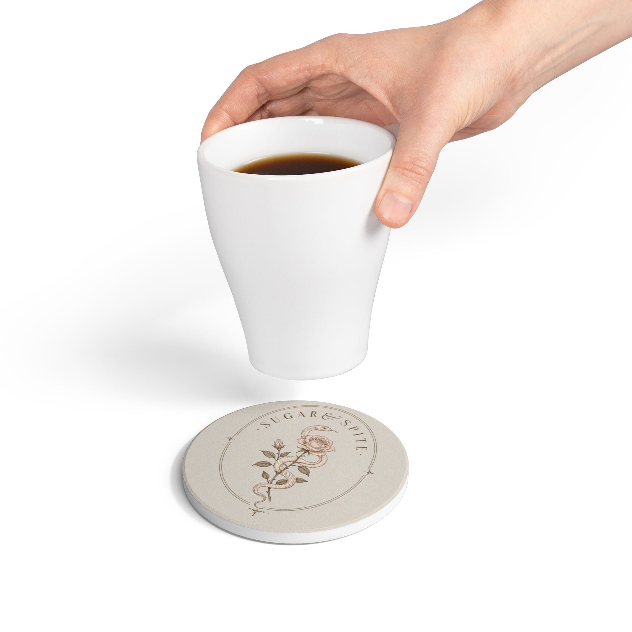 Ceramic Coaster — Vintage Snake & Rose 'Sugar & Spite' Decorative Drink Coaster