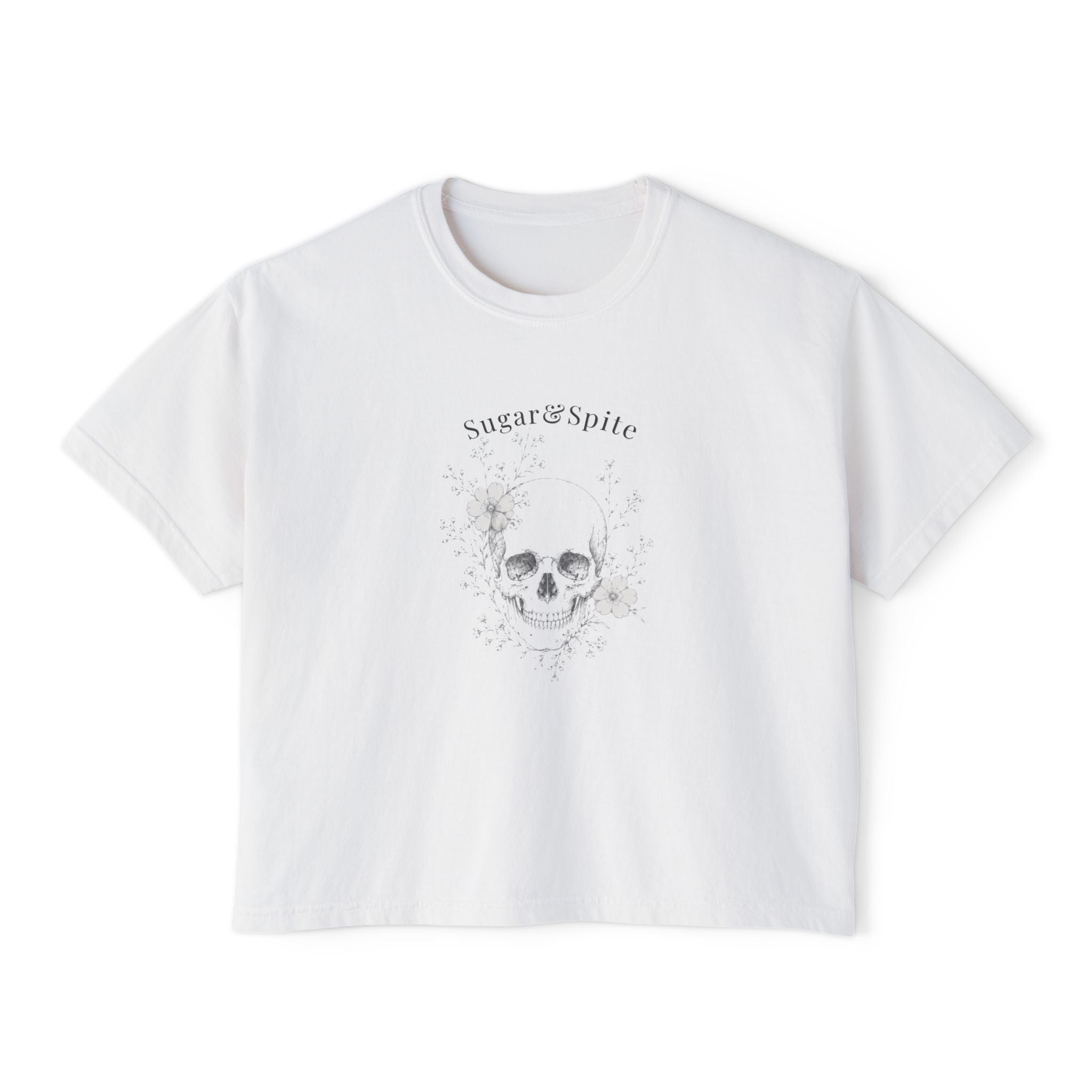 Sugar & Spite Skull Boxy Tee — Women’s Cropped Graphic T‑Shirt