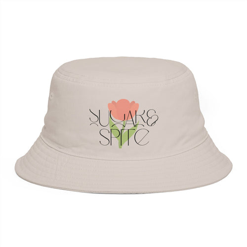Bucket Hat — 'Sunrise Sprig' Floral Graphic Bucket Hat with Pink Bloom