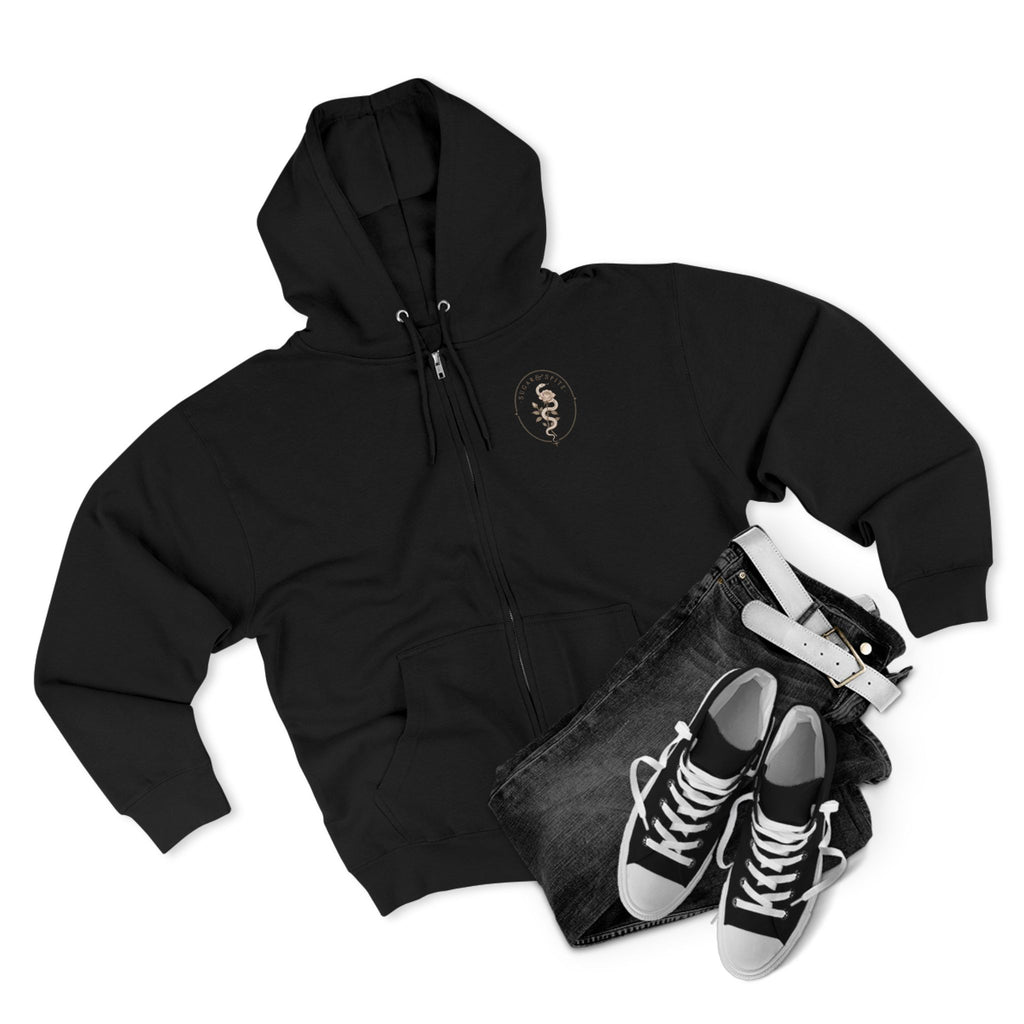 Minimal Floral Crest Zip Hoodie — Small Rose Emblem Chest Design