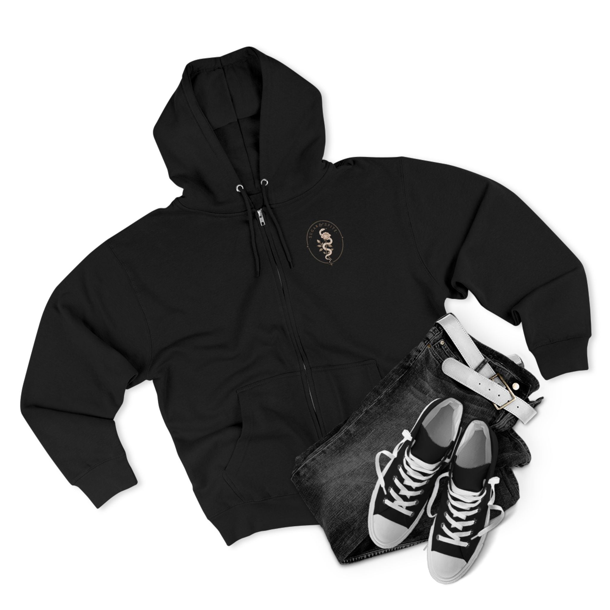 Minimal Floral Crest Zip Hoodie — Small Rose Emblem Chest Design