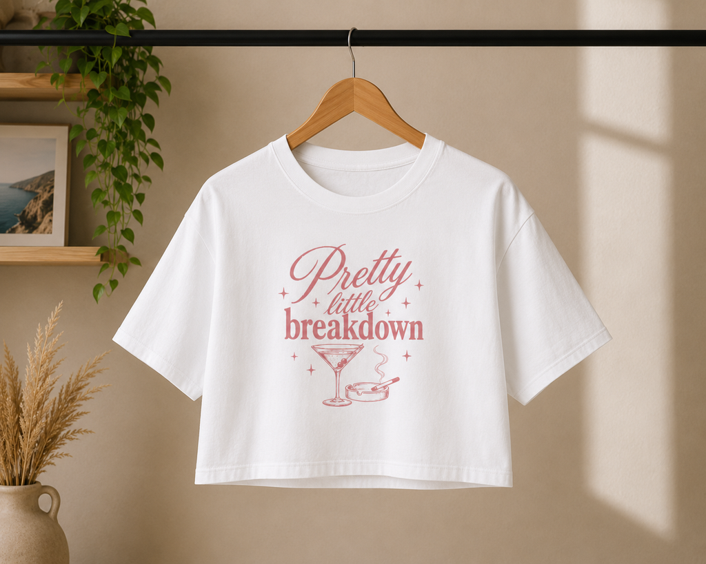 Pretty Little Breakdown T-Shirt | Crop Boxy Tee, Pink Script Martini Design