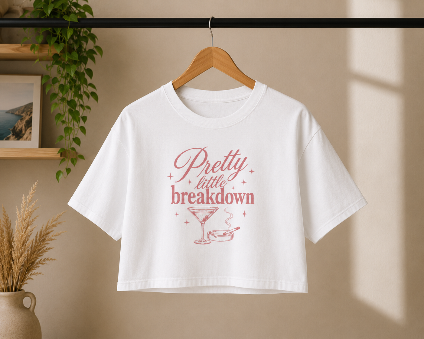 Pretty Little Breakdown T-Shirt | Crop Boxy Tee, Pink Script Martini Design