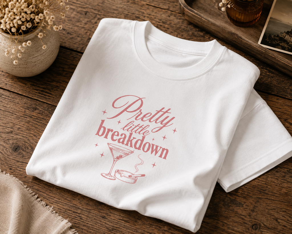 Pretty Little Breakdown T-Shirt | Crop Boxy Tee, Pink Script Martini Design